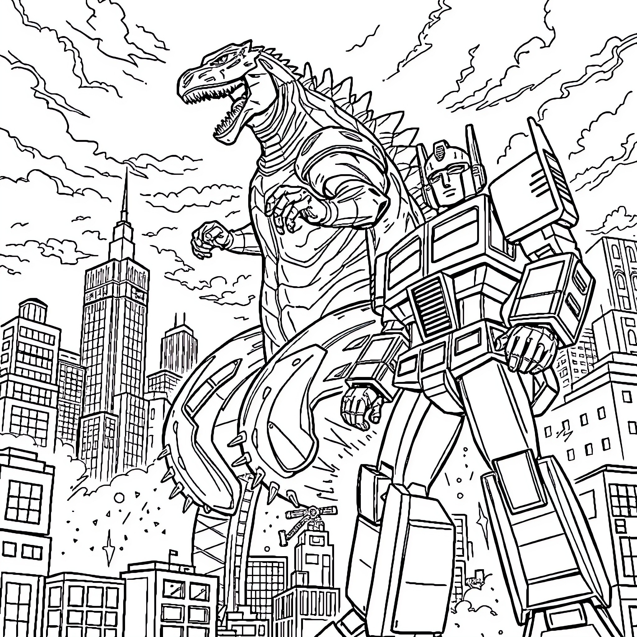 Godzilla Stomping Through Futuristic City Coloring Page (free black-and-white line drawing printable PDF for all, from beginners to advanced learners, including children, teens, adults, and seniors)