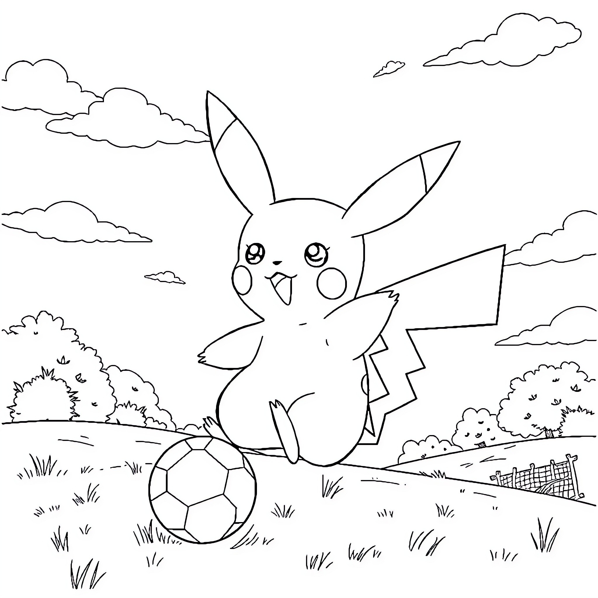 Pikachu playing with a soccer ball in the park Coloring Page (free black-and-white line drawing printable PDF for all, from beginners to advanced learners, including children, teens, adults, and seniors)