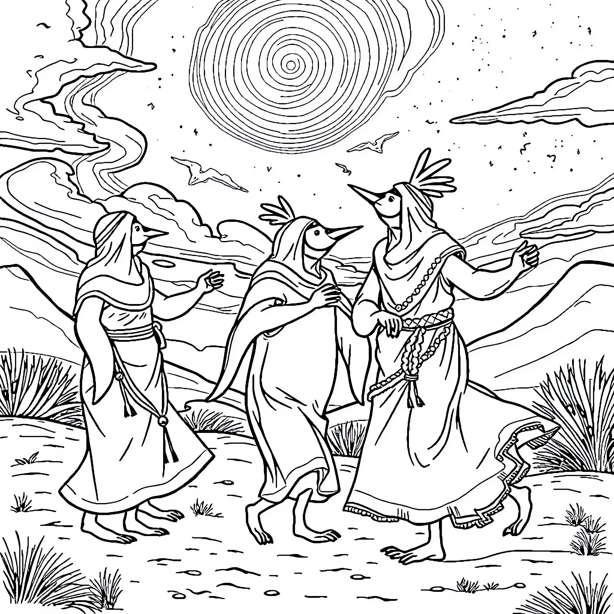 Penguins Dancing Joyfully in the Starry Night Coloring Page (free black-and-white line drawing printable PDF for all, from beginners to advanced learners, including children, teens, adults, and seniors)