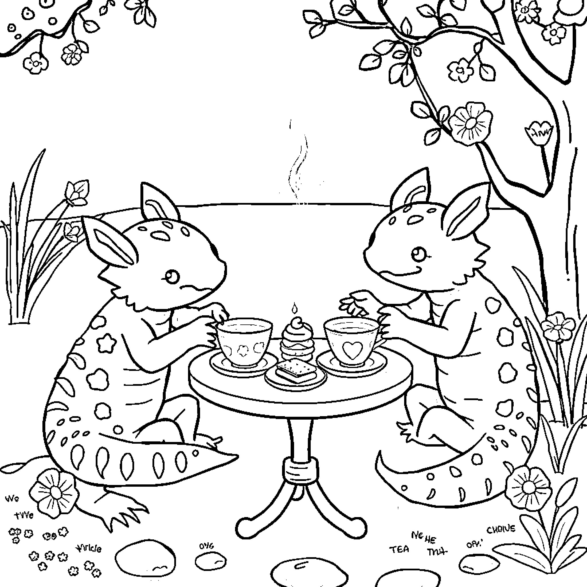 Axolotls Enjoying Tea Time in the Garden Coloring Page (free black-and-white line drawing printable PDF for all, from beginners to advanced learners, including children, teens, adults, and seniors)