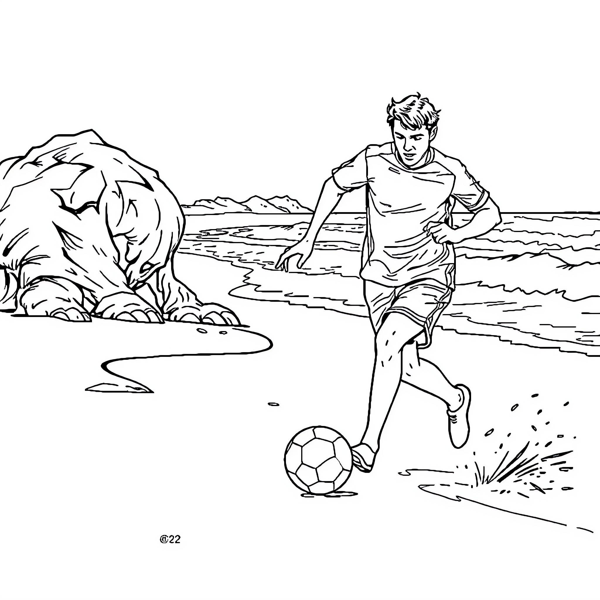 Footballer kicking ball on the beach Coloring Page (free black-and-white line drawing printable PDF for all, from beginners to advanced learners, including children, teens, adults, and seniors)