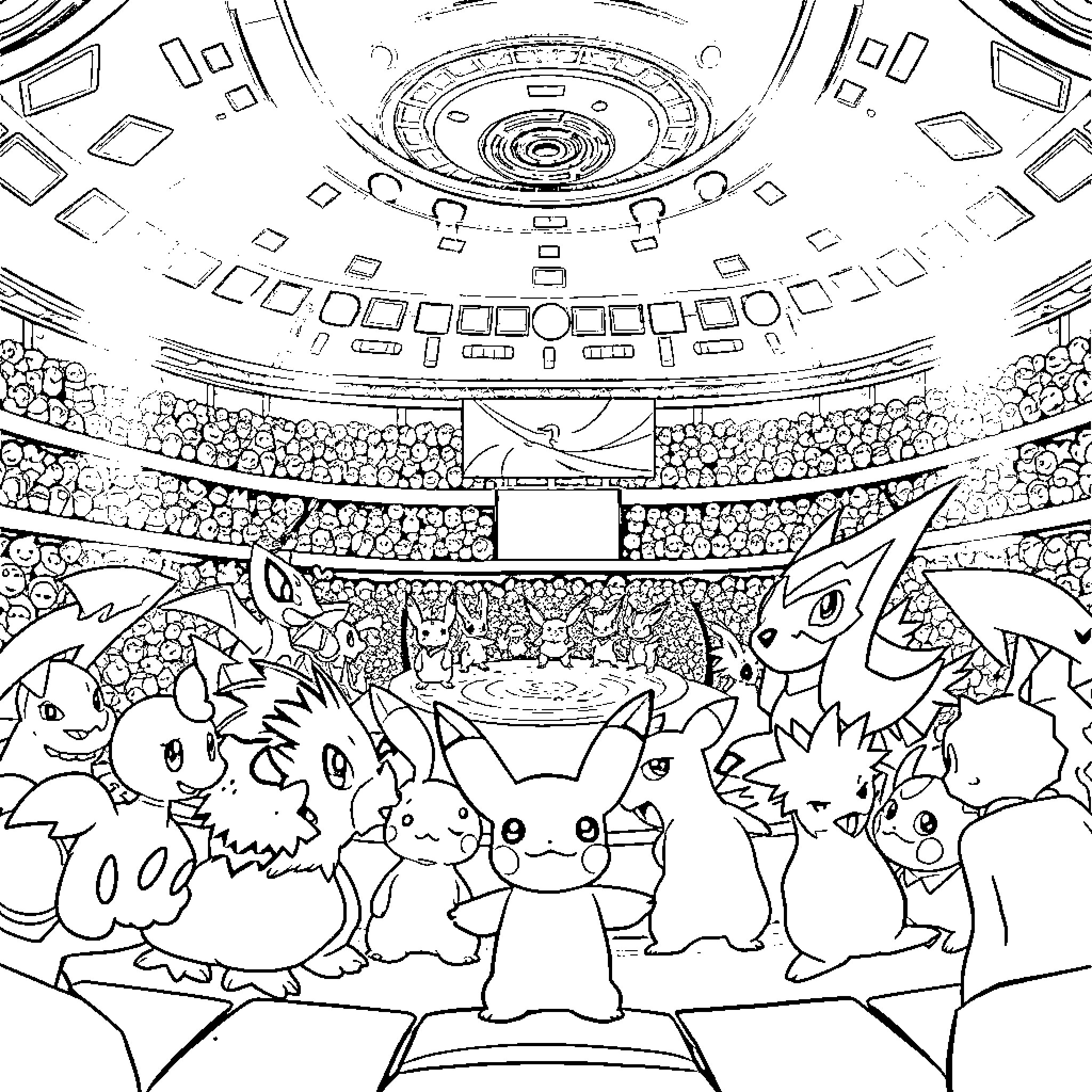Pokémon Characters in a Grand Stadium Coloring Page (free black-and-white line drawing printable PDF for all, from beginners to advanced learners, including children, teens, adults, and seniors)