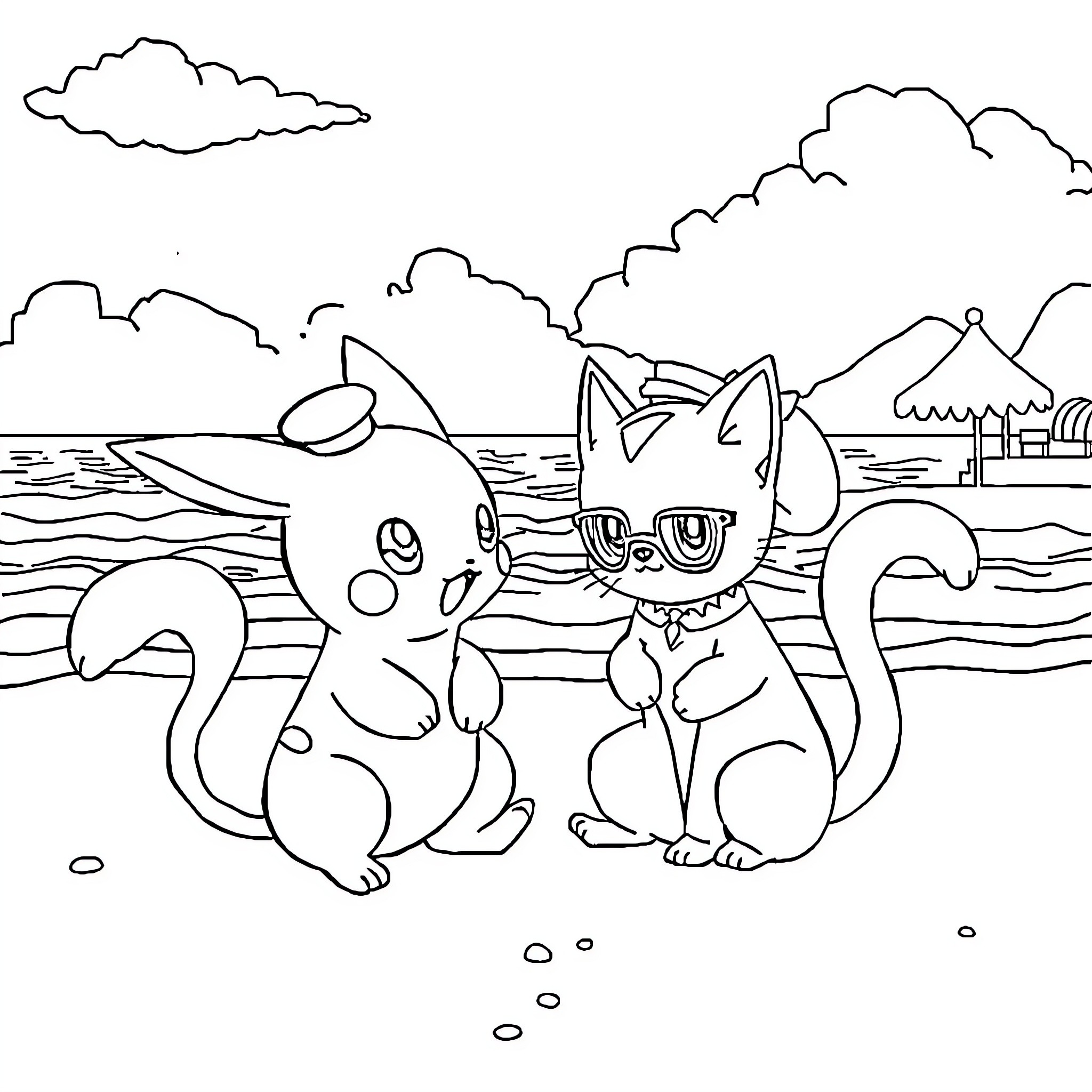 Carapuce and Meowth playing by the sea Coloring Page (free black-and-white line drawing printable PDF for all, from beginners to advanced learners, including children, teens, adults, and seniors)