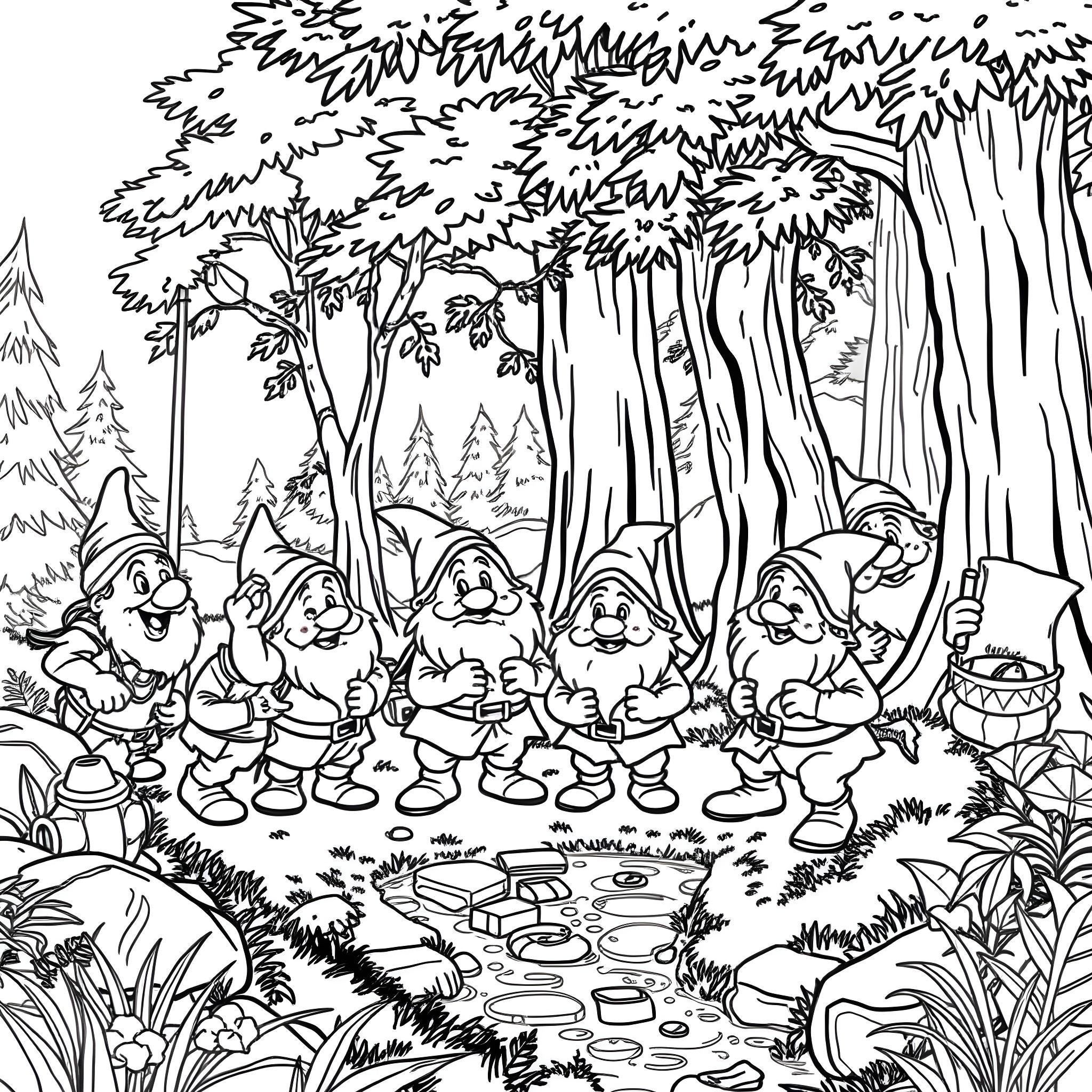 Dwarf friends having a picnic in the forest Coloring Page (free black-and-white line drawing printable PDF for all, from beginners to advanced learners, including children, teens, adults, and seniors)