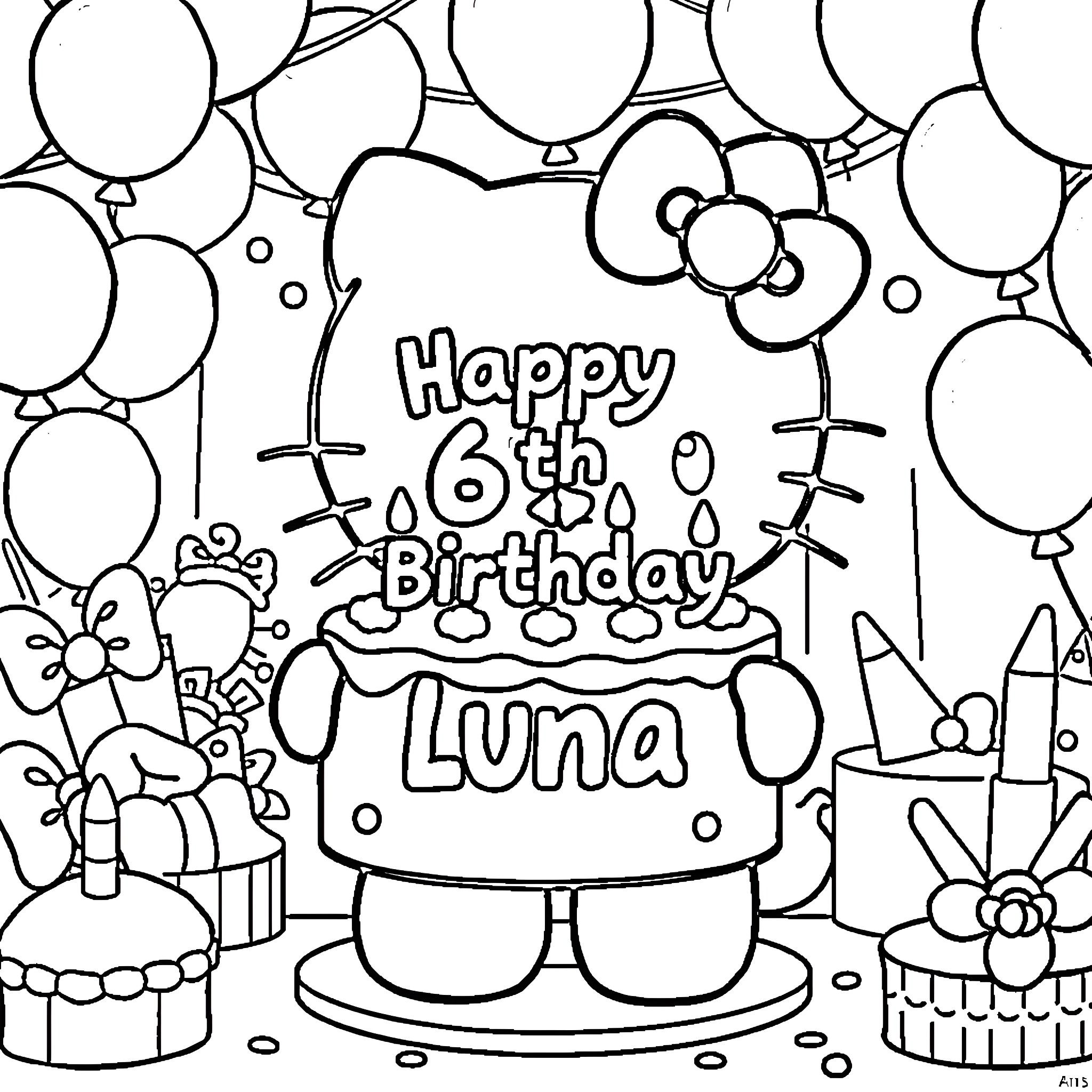 Hello Kitty Celebrates Luna's 16th Birthday with Balloons and Cake Coloring Page (free black-and-white line drawing printable PDF for all, from beginners to advanced learners, including children, teens, adults, and seniors)