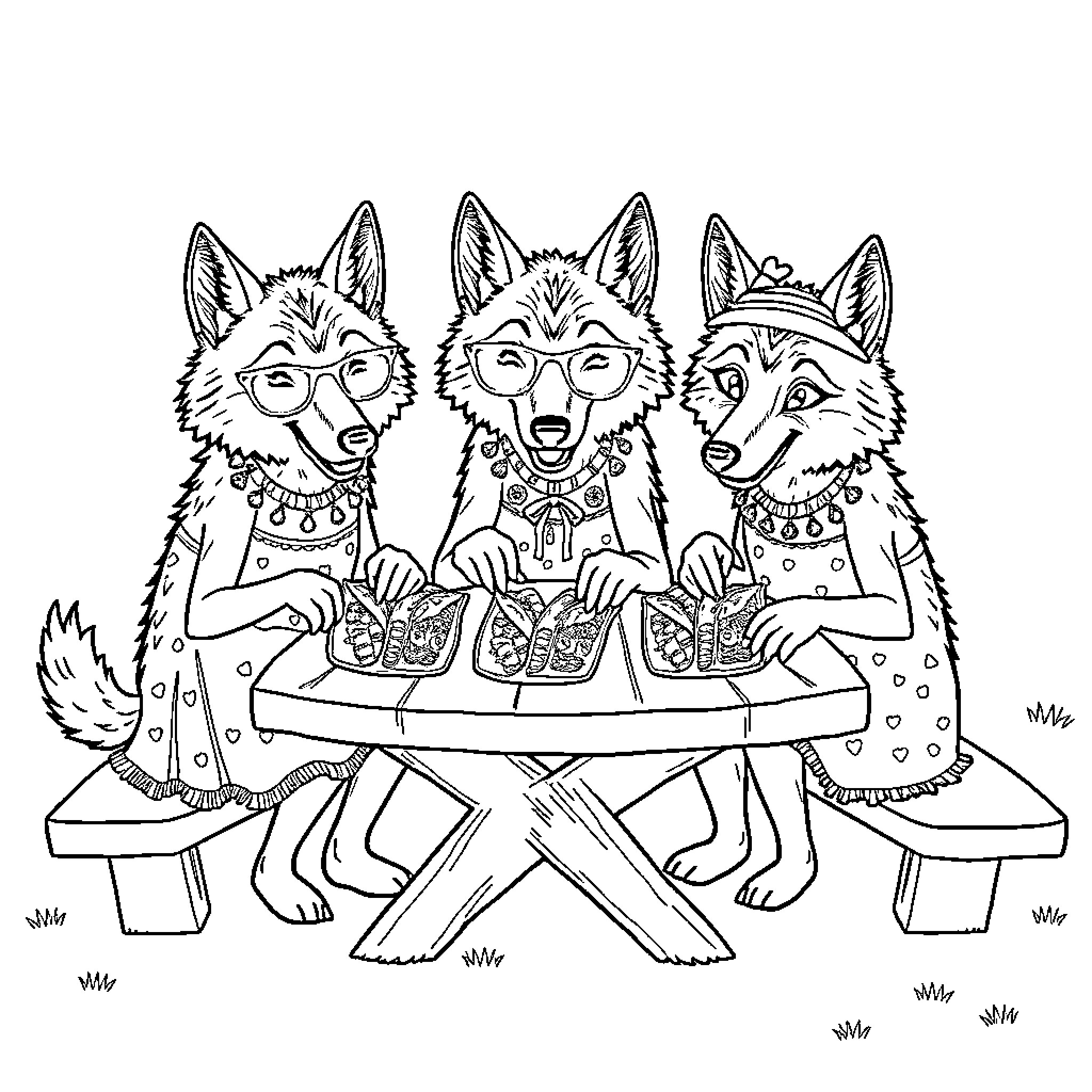 Wolf Friends Enjoying a Picnic Together Coloring Page (free black-and-white line drawing printable PDF for all, from beginners to advanced learners, including children, teens, adults, and seniors)