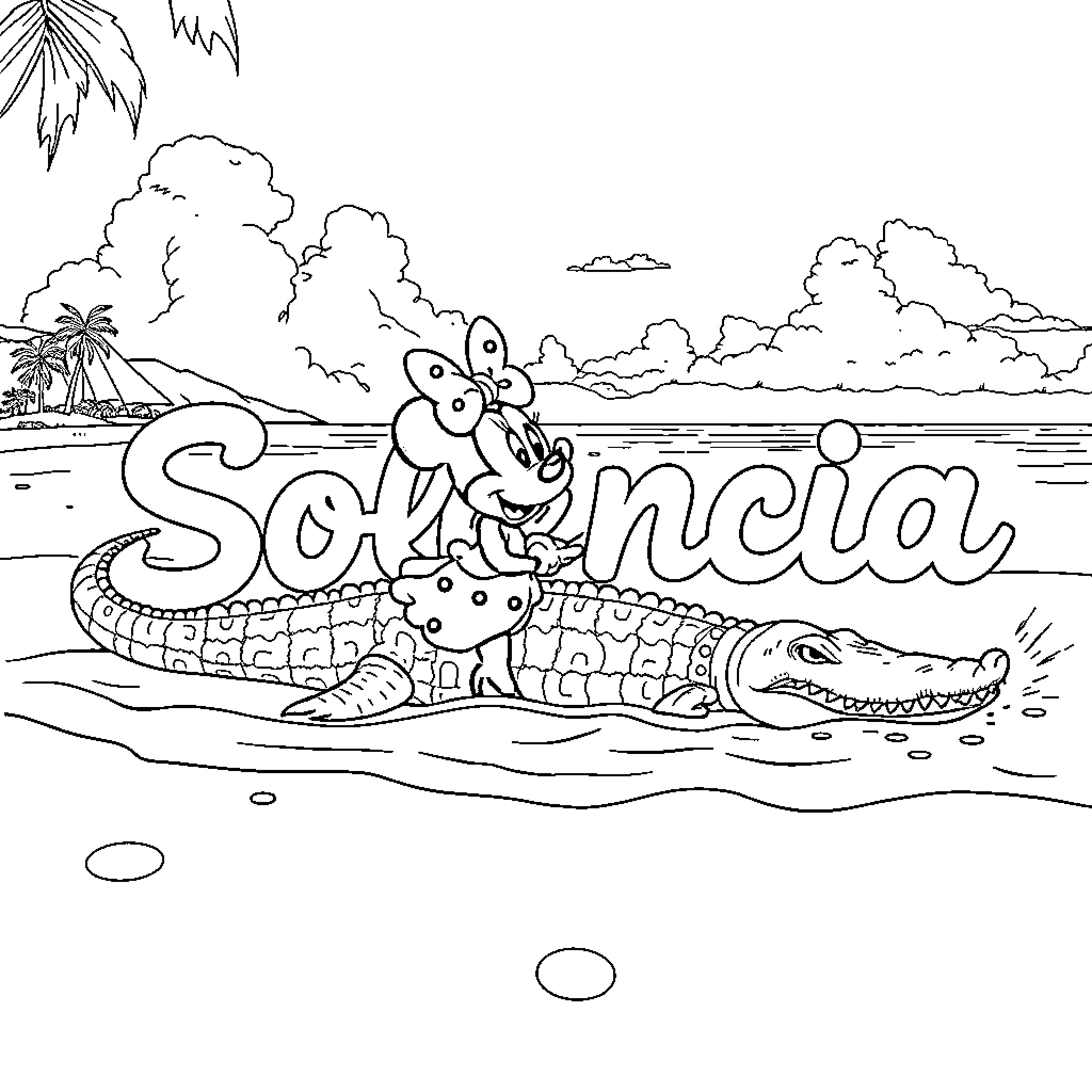 Minnie's Tropical Adventure with Playful Critters Coloring Page (free black-and-white line drawing printable PDF for all, from beginners to advanced learners, including children, teens, adults, and seniors)
