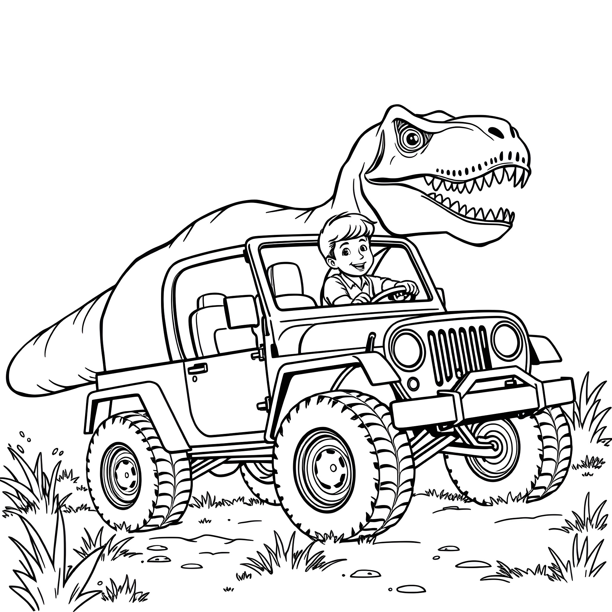 Boy driving off-road vehicle with dinosaur Coloring Page (free black-and-white line drawing printable PDF for all, from beginners to advanced learners, including children, teens, adults, and seniors)