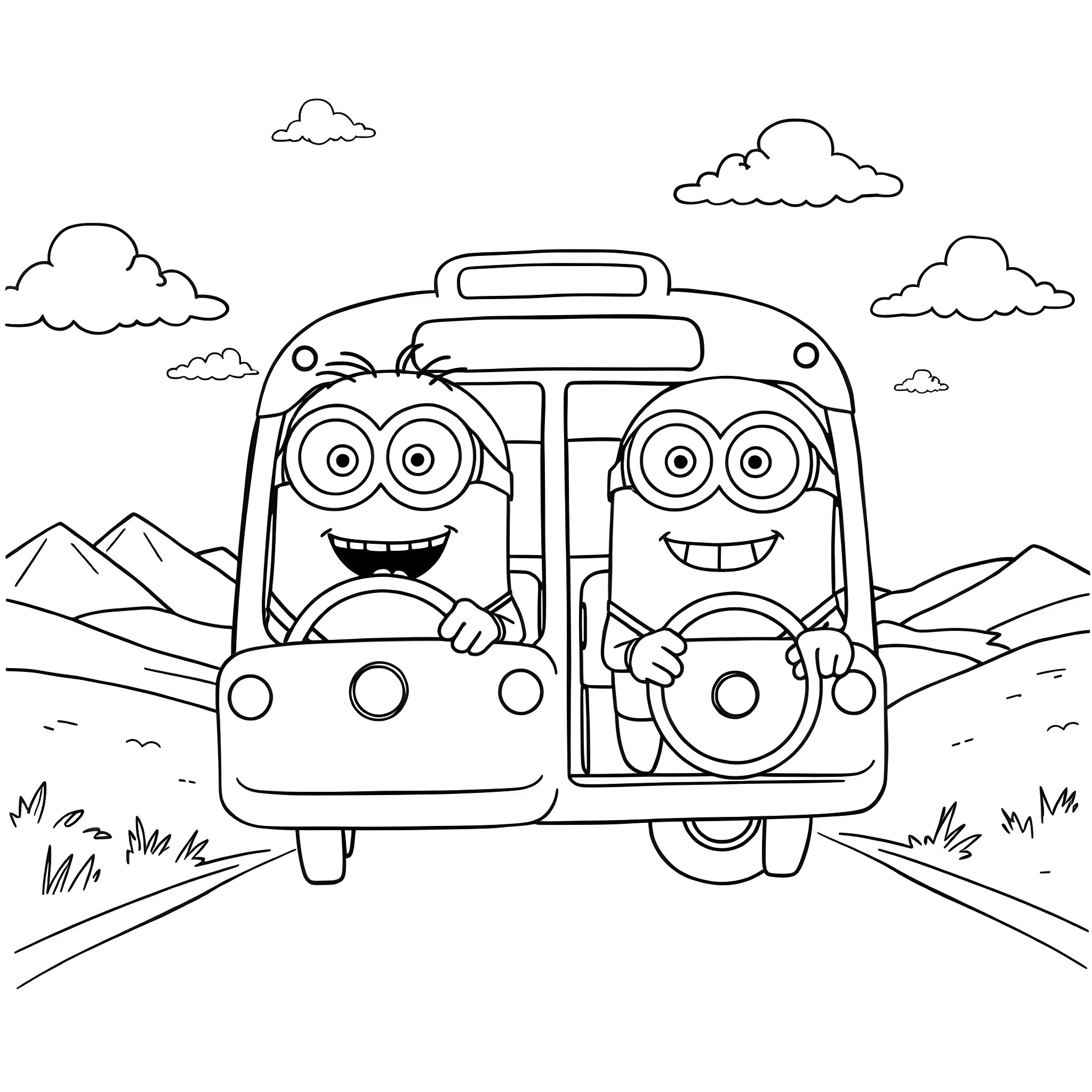 Minion characters happily riding in a bus through scenic landscape Coloring Page (free black-and-white line drawing printable PDF for all, from beginners to advanced learners, including children, teens, adults, and seniors)