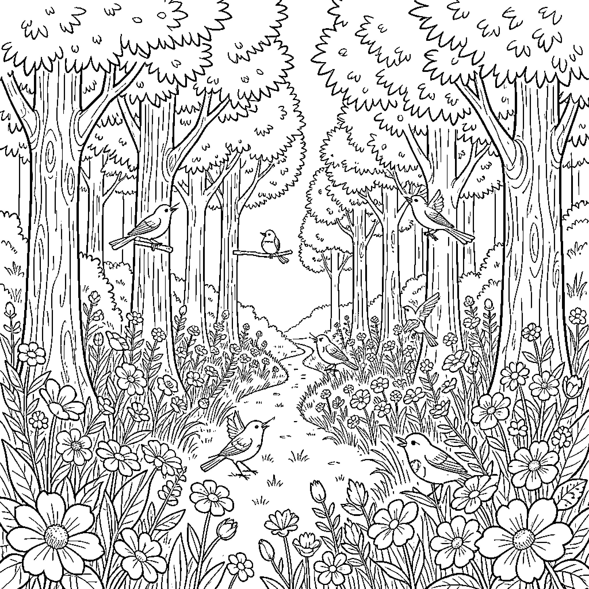 Nature's Enchanting Forest Scene Coloring Page (free black-and-white line drawing printable PDF for all, from beginners to advanced learners, including children, teens, adults, and seniors)