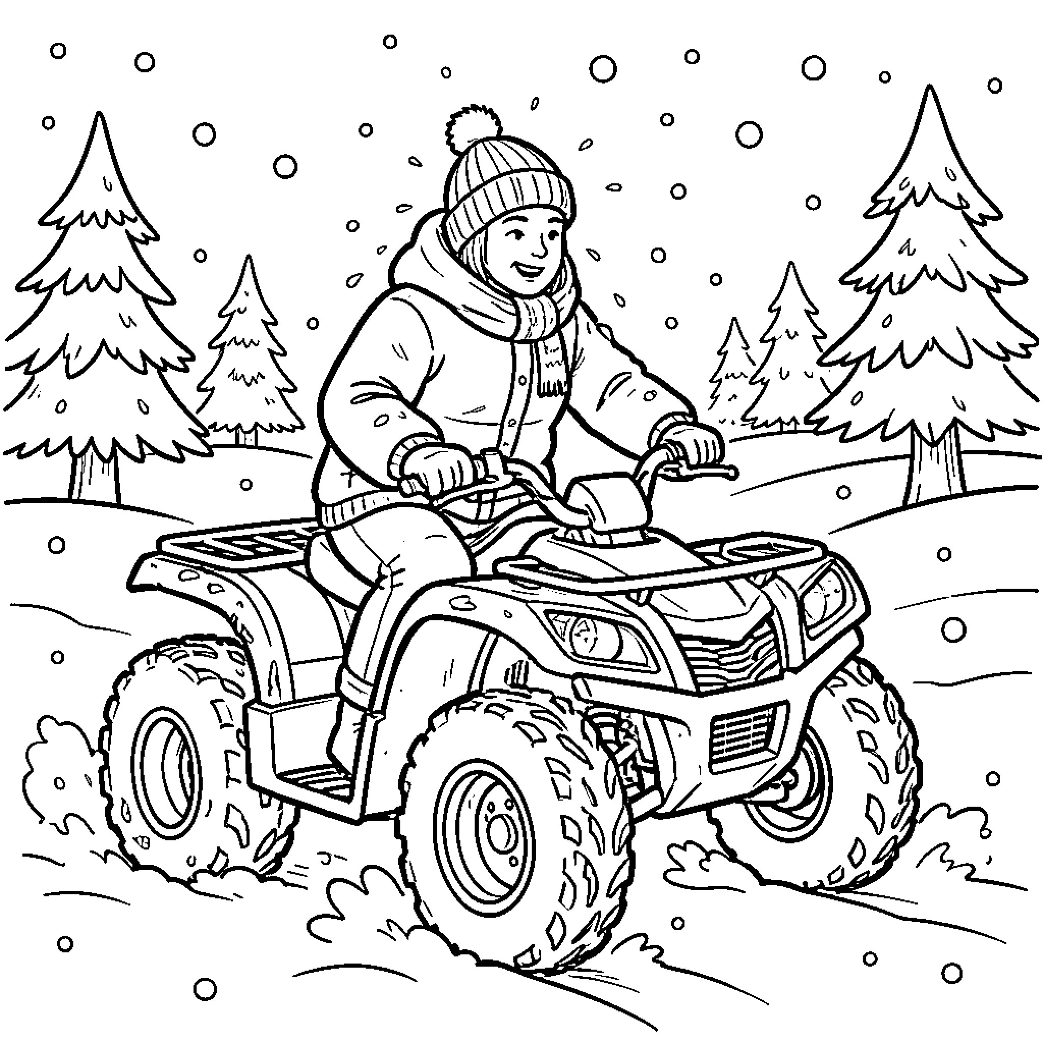 Fourwheeler riding through snowy forest landscape Coloring Page (free black-and-white line drawing printable PDF for all, from beginners to advanced learners, including children, teens, adults, and seniors)
