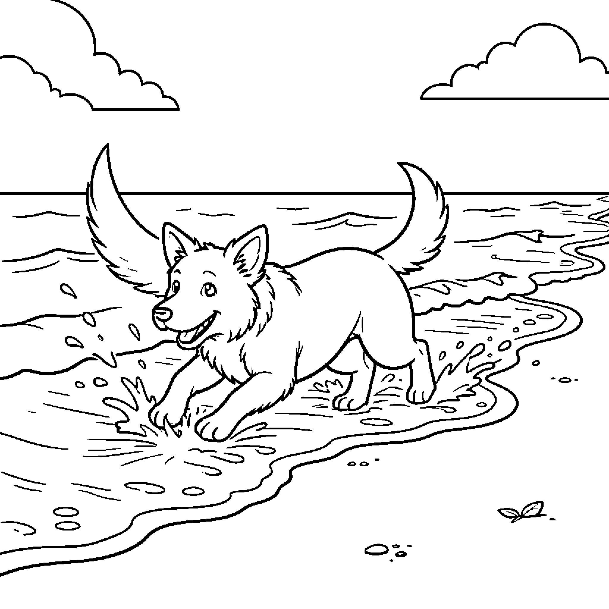 Dog running joyfully through ocean waves on the beach Coloring Page (free black-and-white line drawing printable PDF for all, from beginners to advanced learners, including children, teens, adults, and seniors)