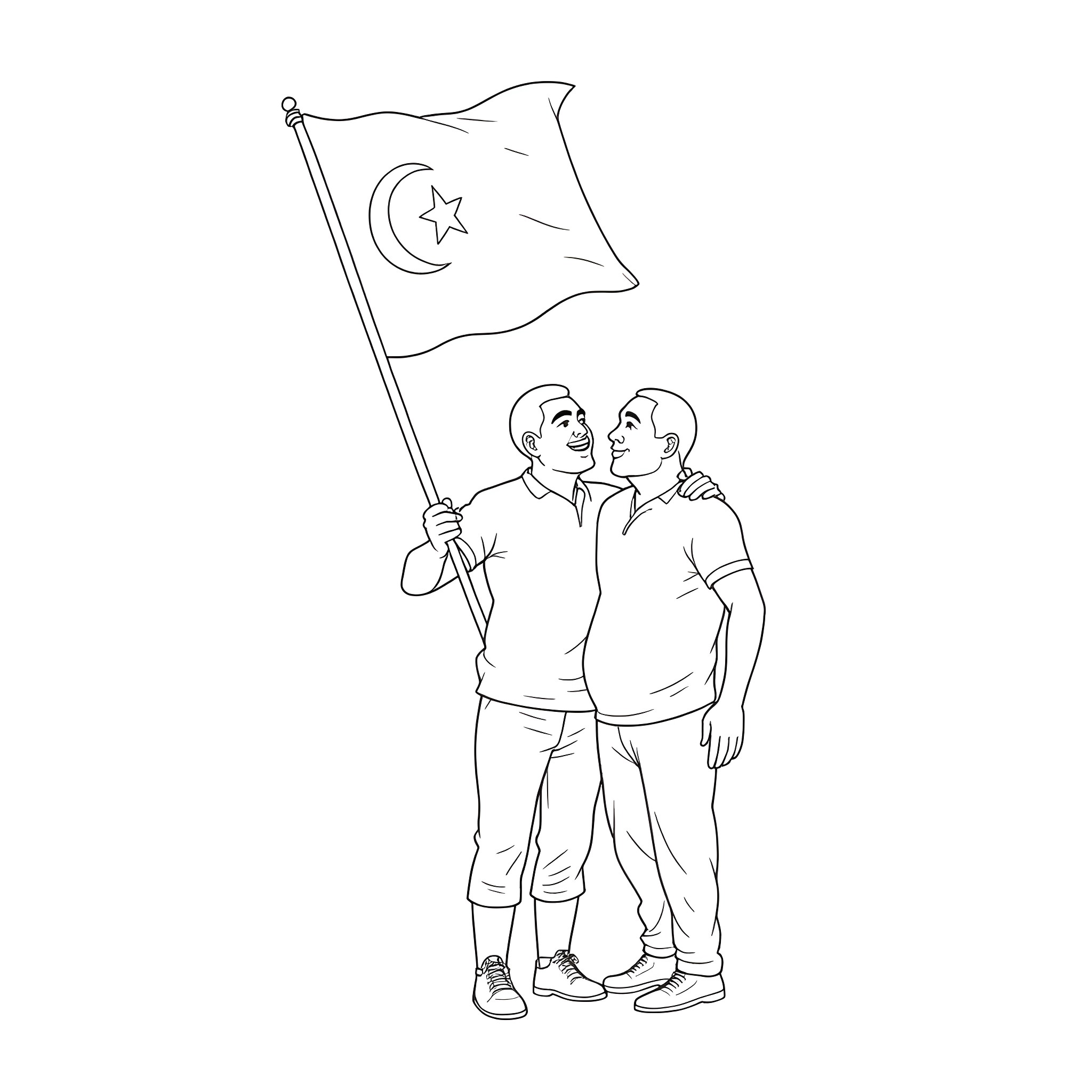 Buurman en Buurman standing together with national flag Coloring Page (free black-and-white line drawing printable PDF for all, from beginners to advanced learners, including children, teens, adults, and seniors)