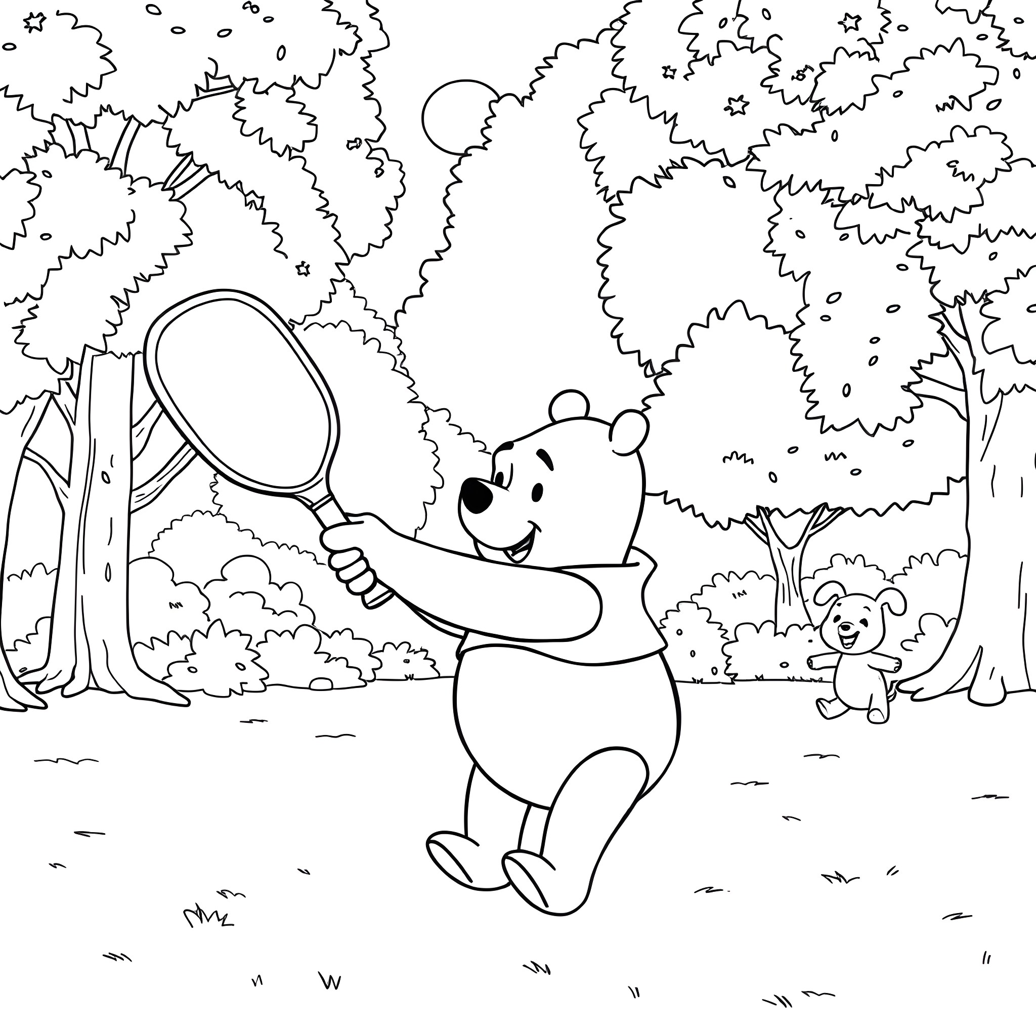 Winnie The Pooh enjoying outdoor activities with friends Coloring Page (free black-and-white line drawing printable PDF for all, from beginners to advanced learners, including children, teens, adults, and seniors)