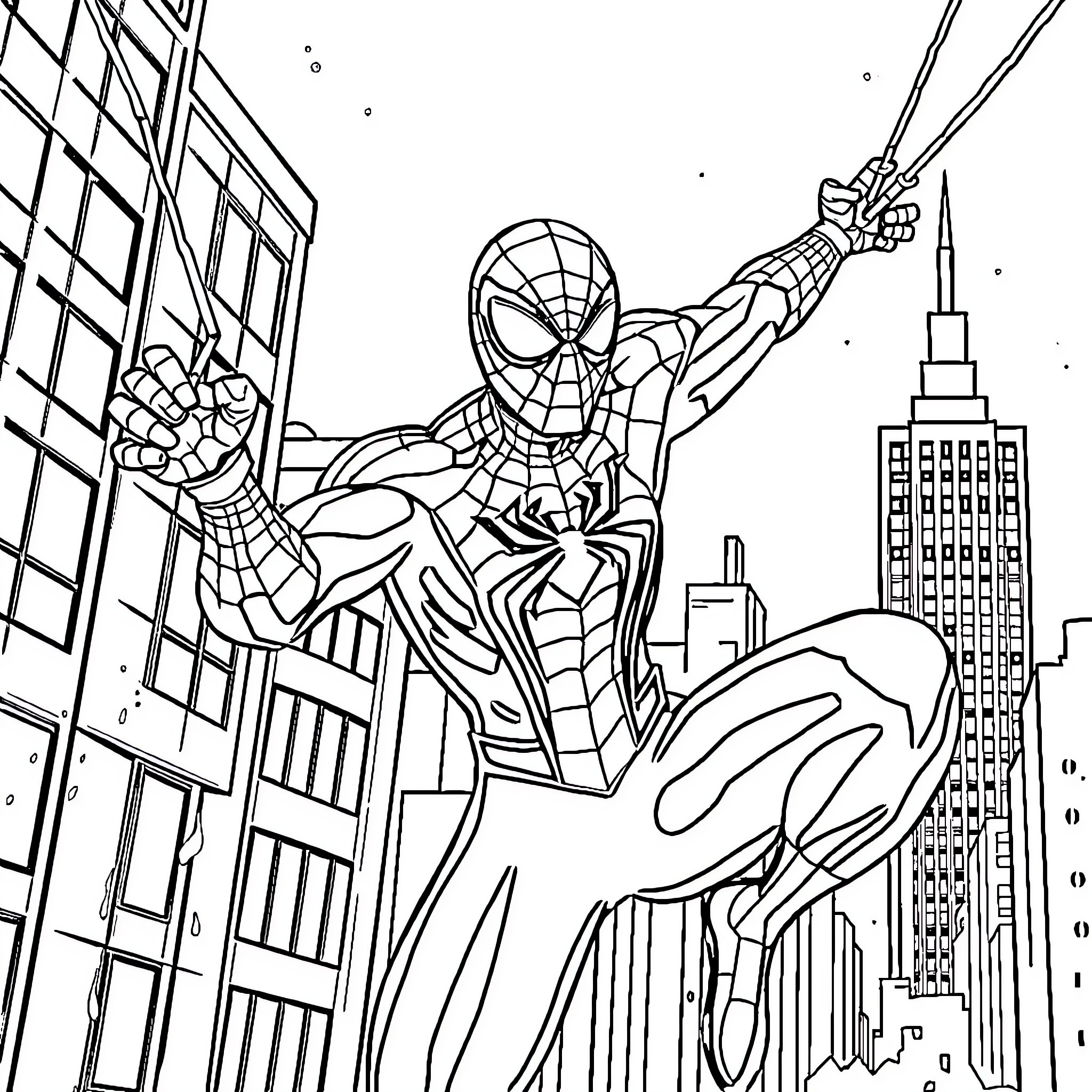 Spider-Man swinging through the city skyline Coloring Page (free black-and-white line drawing printable PDF for all, from beginners to advanced learners, including children, teens, adults, and seniors)