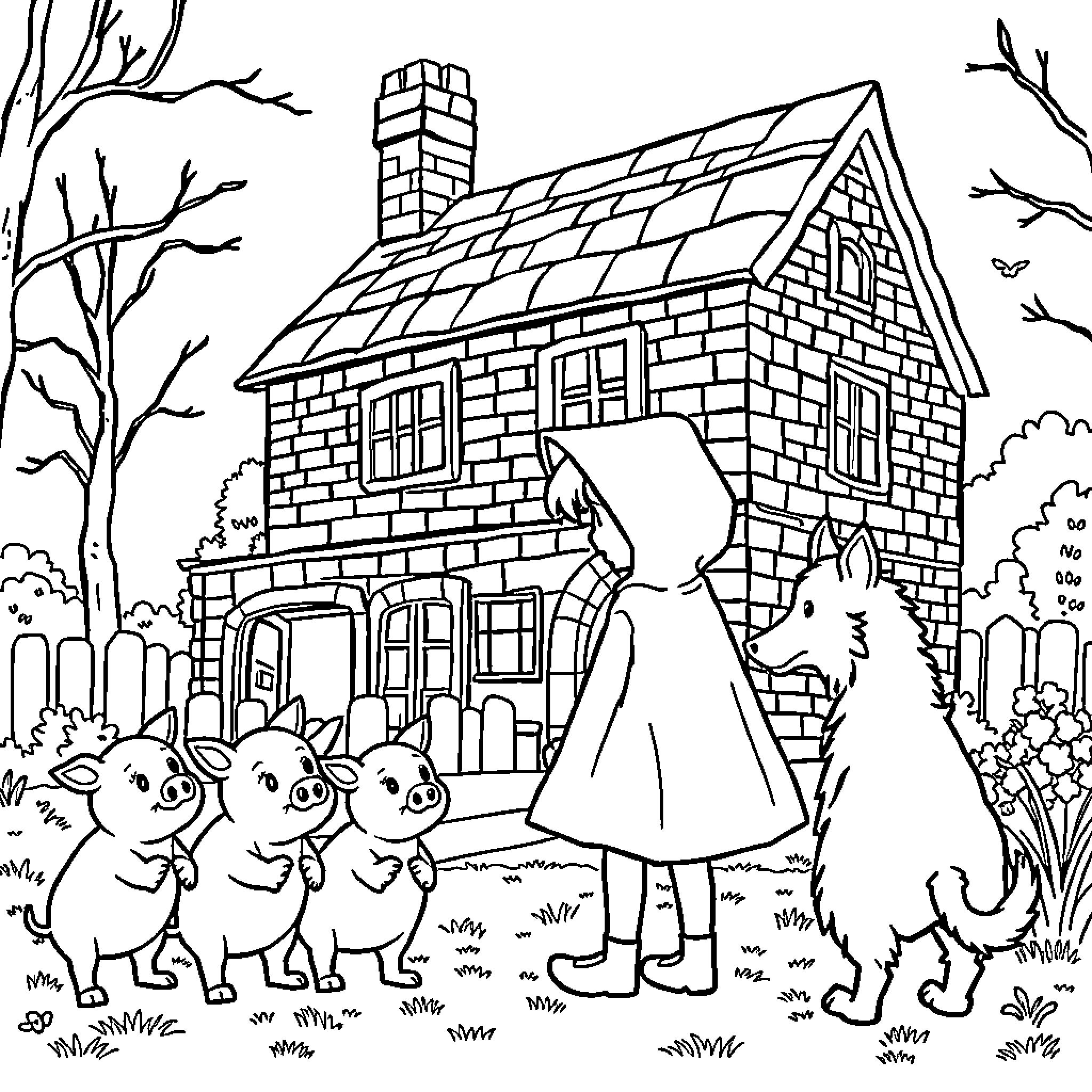 Little Red Riding Hood approaches cottage with woodland creatures Coloring Page (free black-and-white line drawing printable PDF for all, from beginners to advanced learners, including children, teens, adults, and seniors)