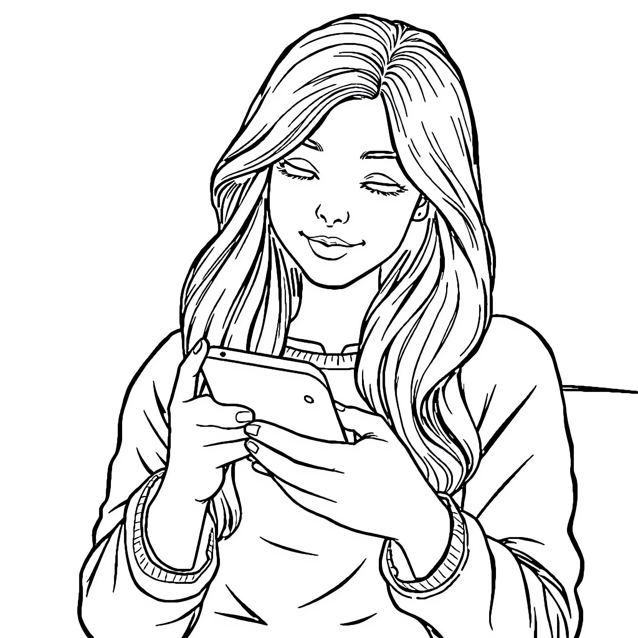 Hannah using a mobile device with eyes closed Coloring Page (free black-and-white line drawing printable PDF for all, from beginners to advanced learners, including children, teens, adults, and seniors)