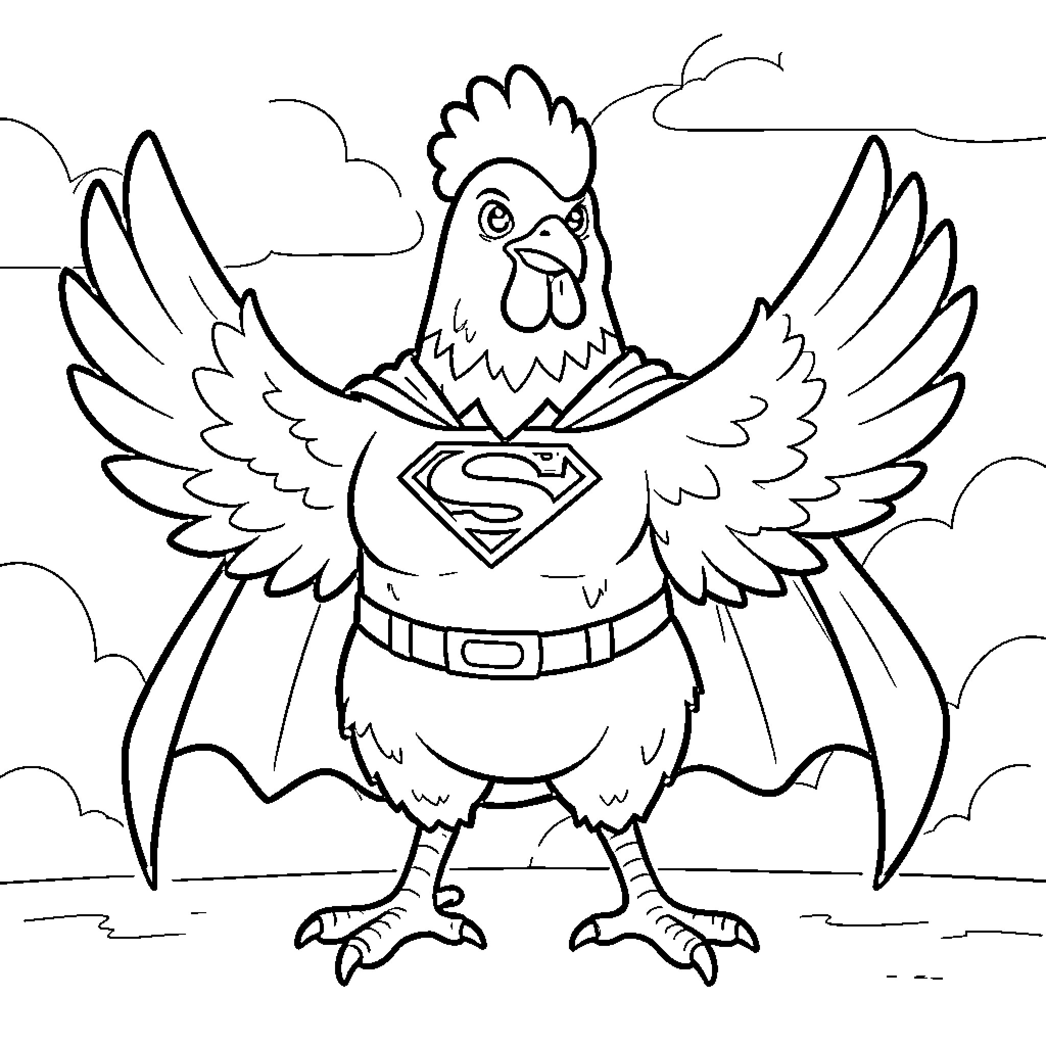 Superhero Chicken wearing a cape and standing heroically Coloring Page (free black-and-white line drawing printable PDF for all, from beginners to advanced learners, including children, teens, adults, and seniors)
