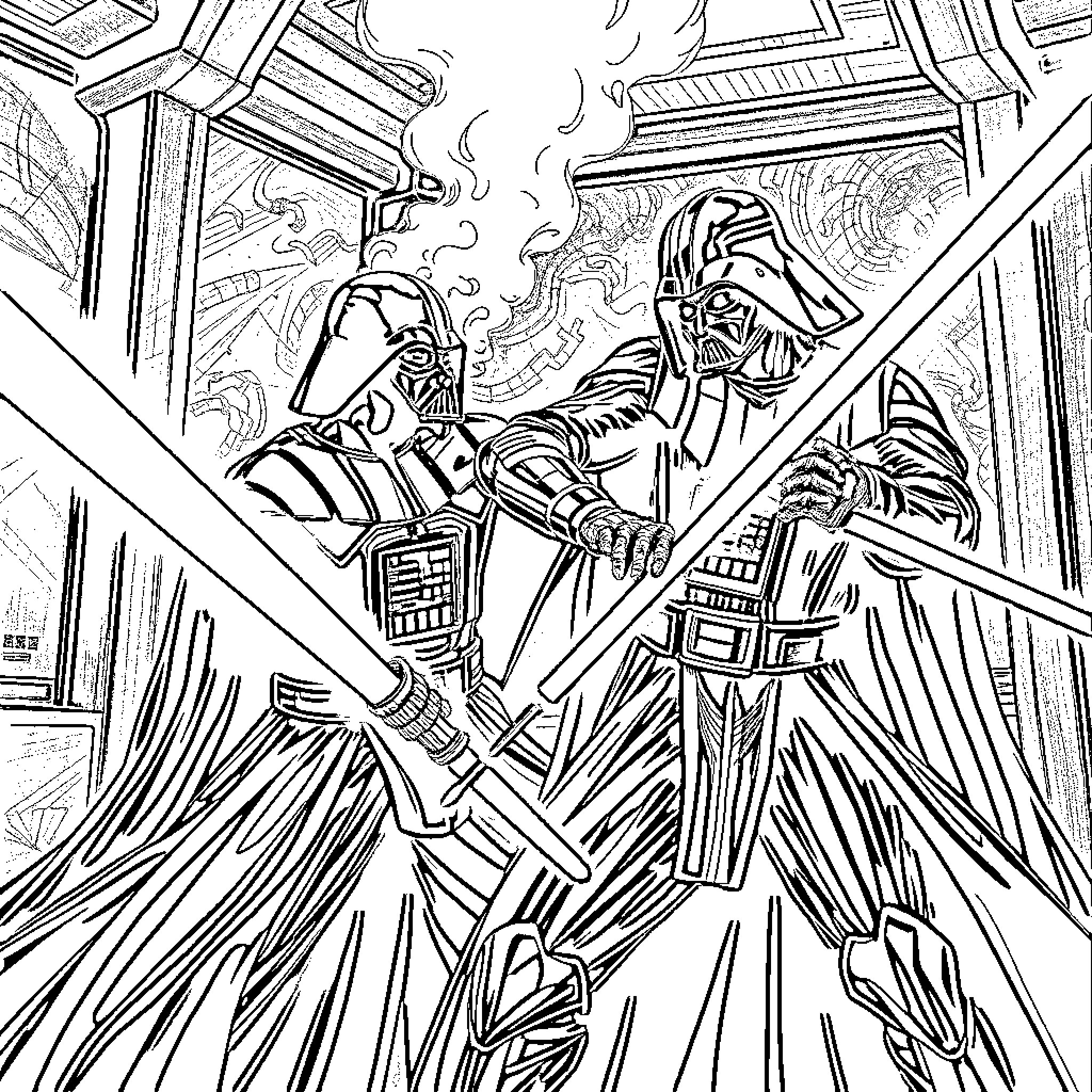 Darth Vader Engaged in Lightsaber Duel Coloring Page (free black-and-white line drawing printable PDF for all, from beginners to advanced learners, including children, teens, adults, and seniors)
