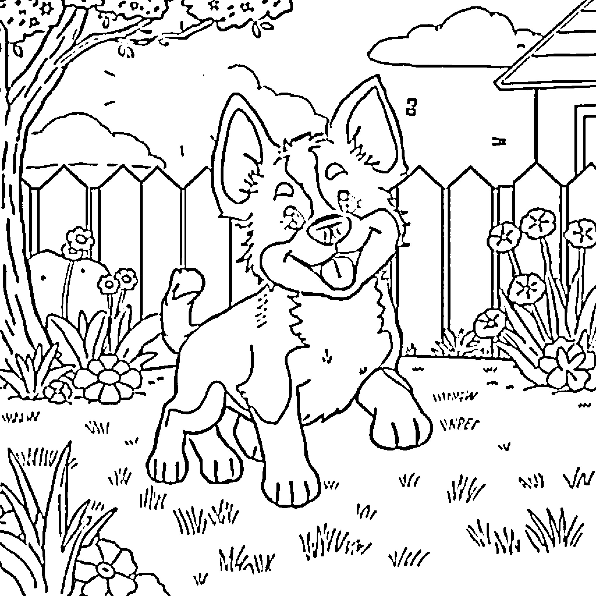 Bluey playing happily in the backyard Coloring Page (free black-and-white line drawing printable PDF for all, from beginners to advanced learners, including children, teens, adults, and seniors)