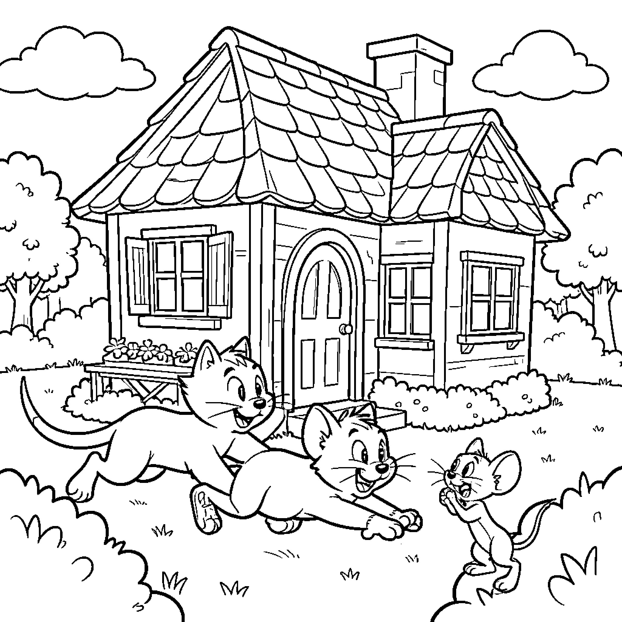 Tom and Jerry playfully chasing around a cozy cottage Coloring Page (free black-and-white line drawing printable PDF for all, from beginners to advanced learners, including children, teens, adults, and seniors)