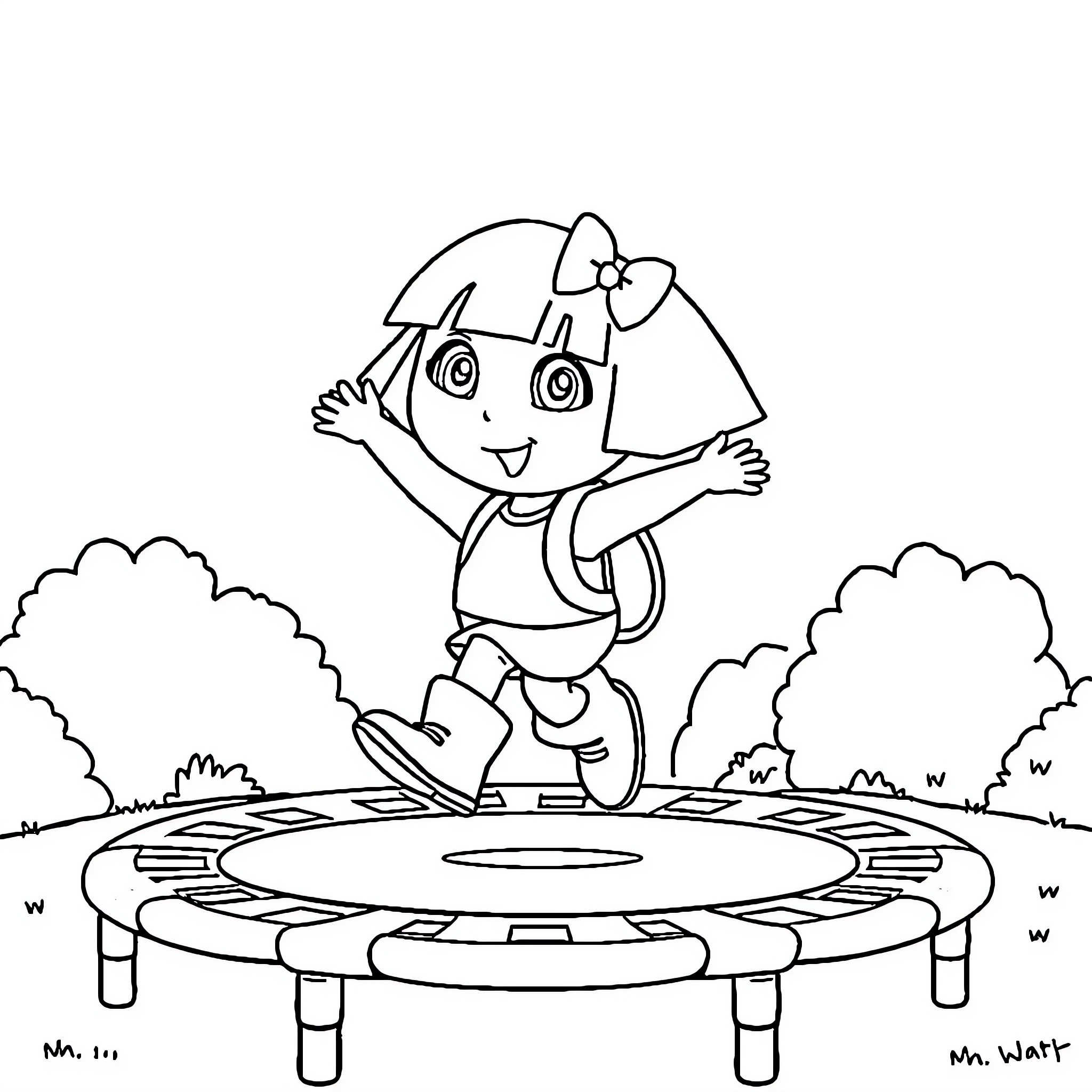 Dora jumps excitedly on a trampoline in the park Coloring Page (free black-and-white line drawing printable PDF for all, from beginners to advanced learners, including children, teens, adults, and seniors)