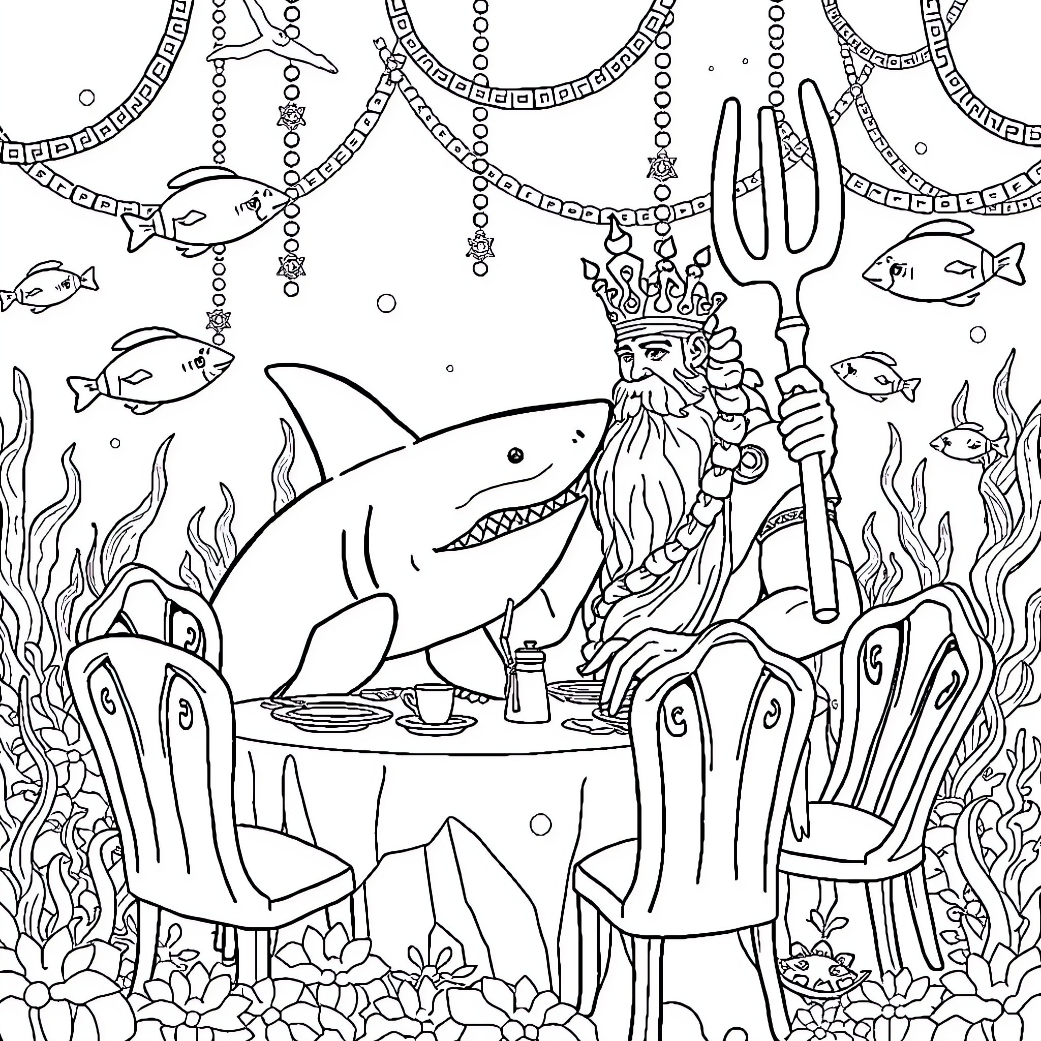 Shark dining with sea king in underwater palace Coloring Page (free black-and-white line drawing printable PDF for all, from beginners to advanced learners, including children, teens, adults, and seniors)