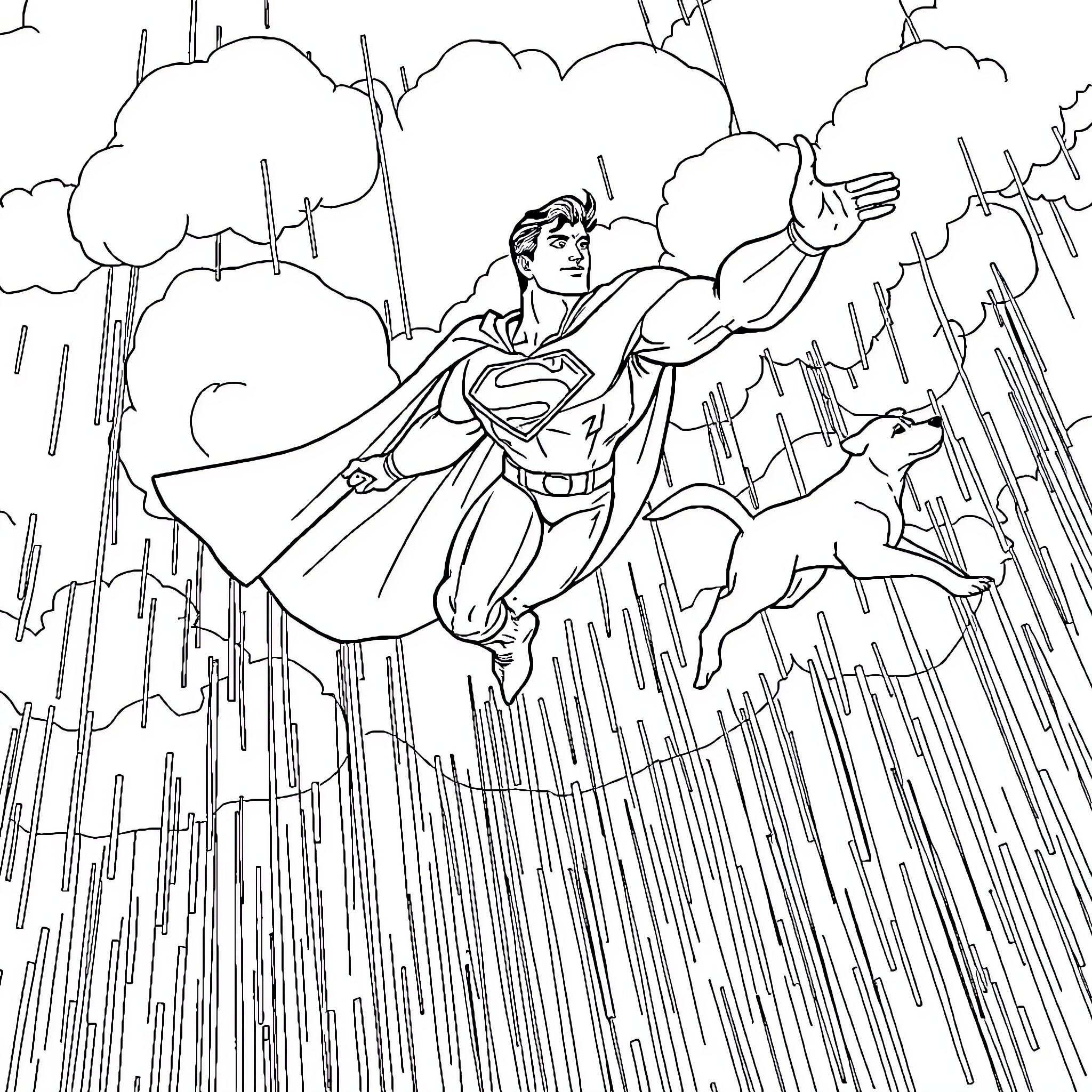 Superman soaring through the sky in heroic action Coloring Page (free black-and-white line drawing printable PDF for all, from beginners to advanced learners, including children, teens, adults, and seniors)