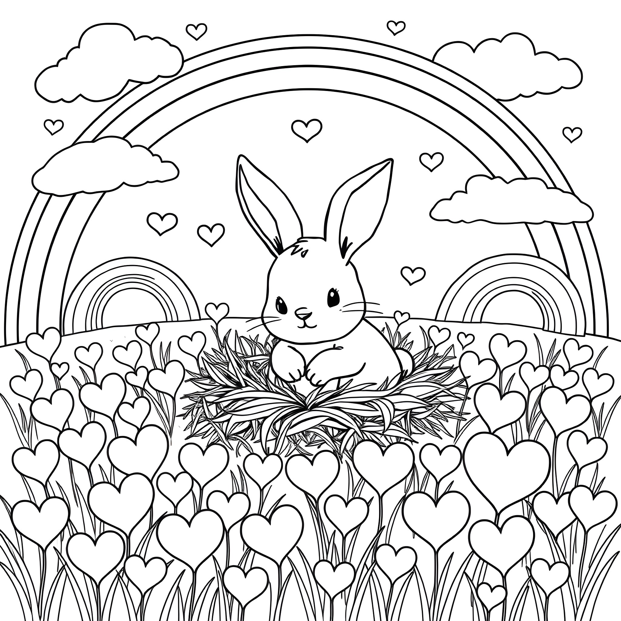 Bunny nestled in heart-shaped flowers under rainbows Coloring Page (free black-and-white line drawing printable PDF for all, from beginners to advanced learners, including children, teens, adults, and seniors)