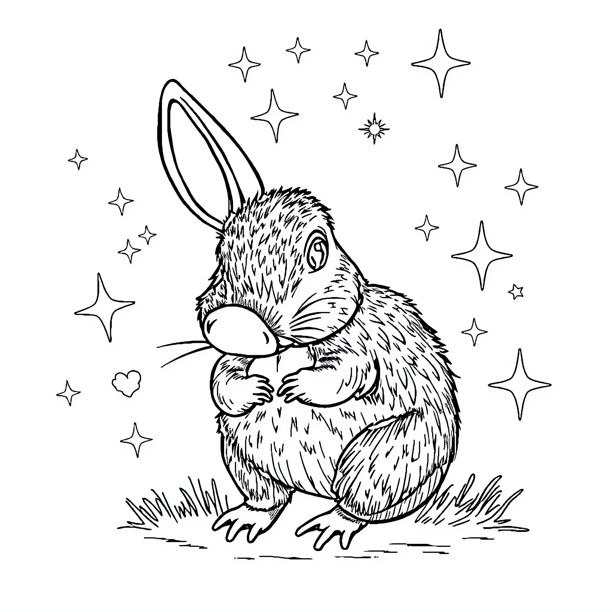 Hedgehog gazing at stars in the night sky Coloring Page (free black-and-white line drawing printable PDF for all, from beginners to advanced learners, including children, teens, adults, and seniors)