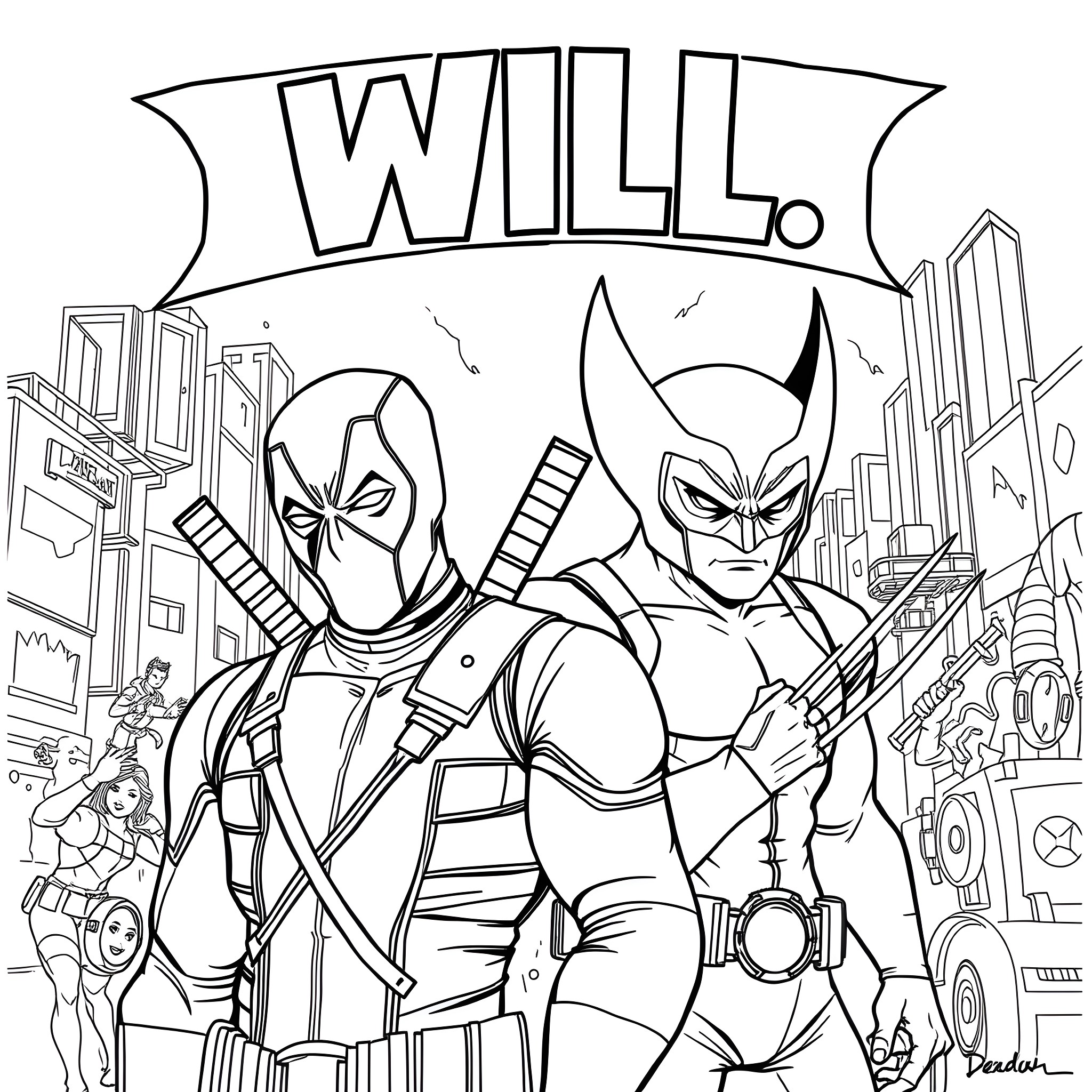 Deadpool and Wolverine in Action-Packed Cityscape Coloring Page (free black-and-white line drawing printable PDF for all, from beginners to advanced learners, including children, teens, adults, and seniors)