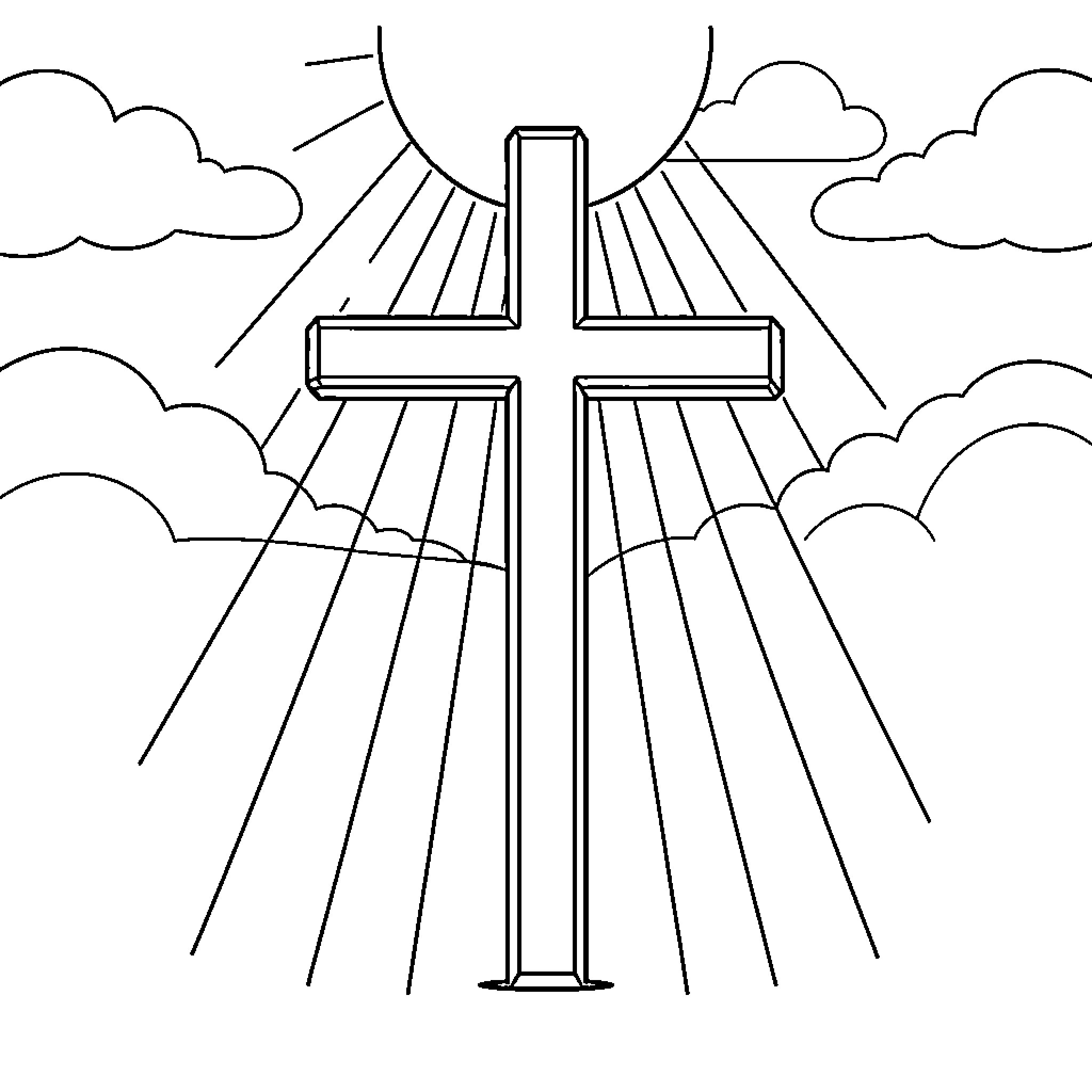 Cross shining brightly amidst the clouds and sun Coloring Page (free black-and-white line drawing printable PDF for all, from beginners to advanced learners, including children, teens, adults, and seniors)