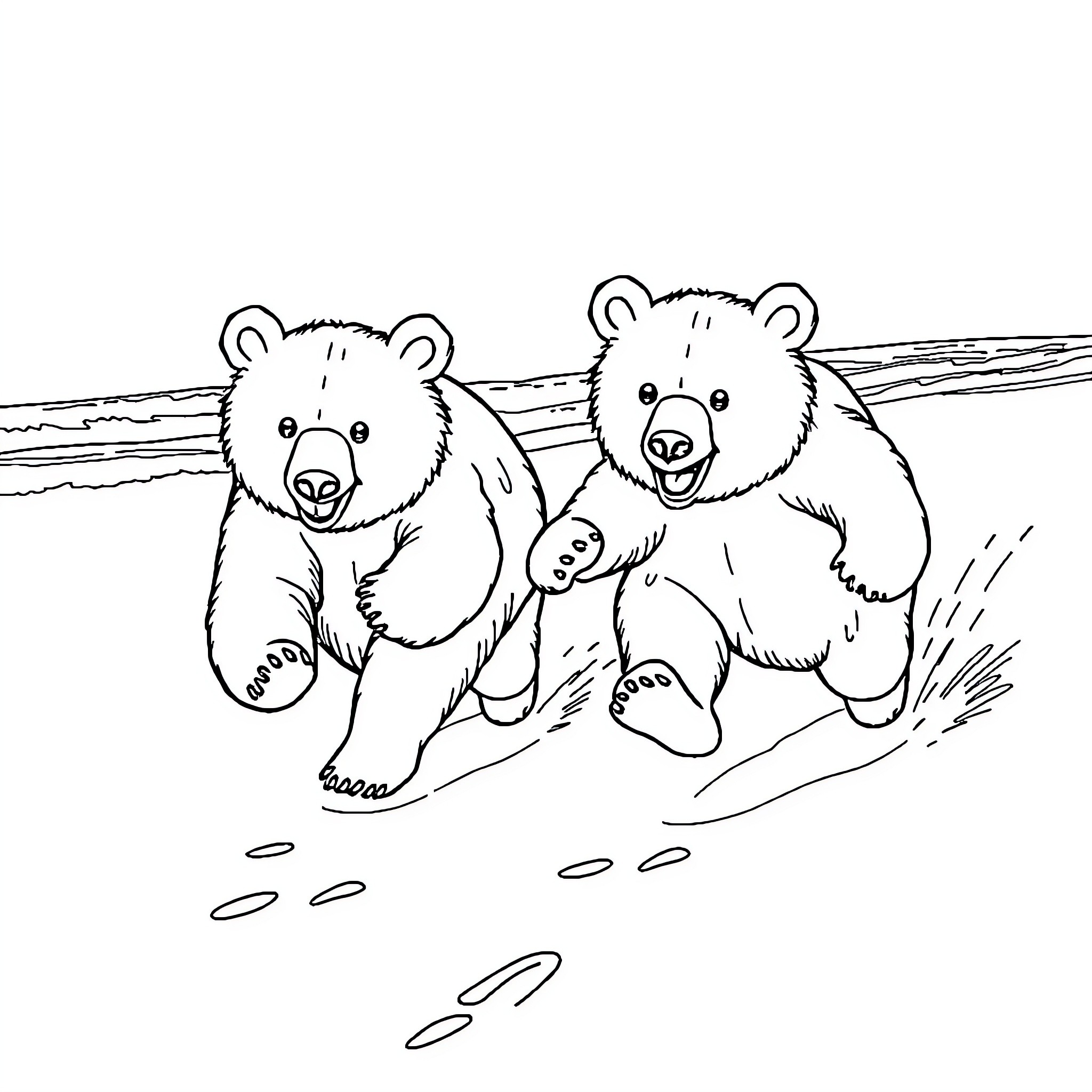 Bear cubs playing happily in the wild Coloring Page (free black-and-white line drawing printable PDF for all, from beginners to advanced learners, including children, teens, adults, and seniors)