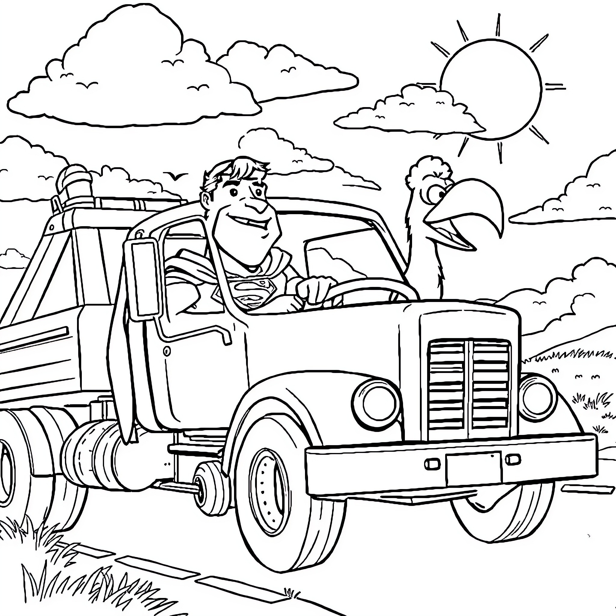 Superman driving a truck on a sunny day Coloring Page (free black-and-white line drawing printable PDF for all, from beginners to advanced learners, including children, teens, adults, and seniors)