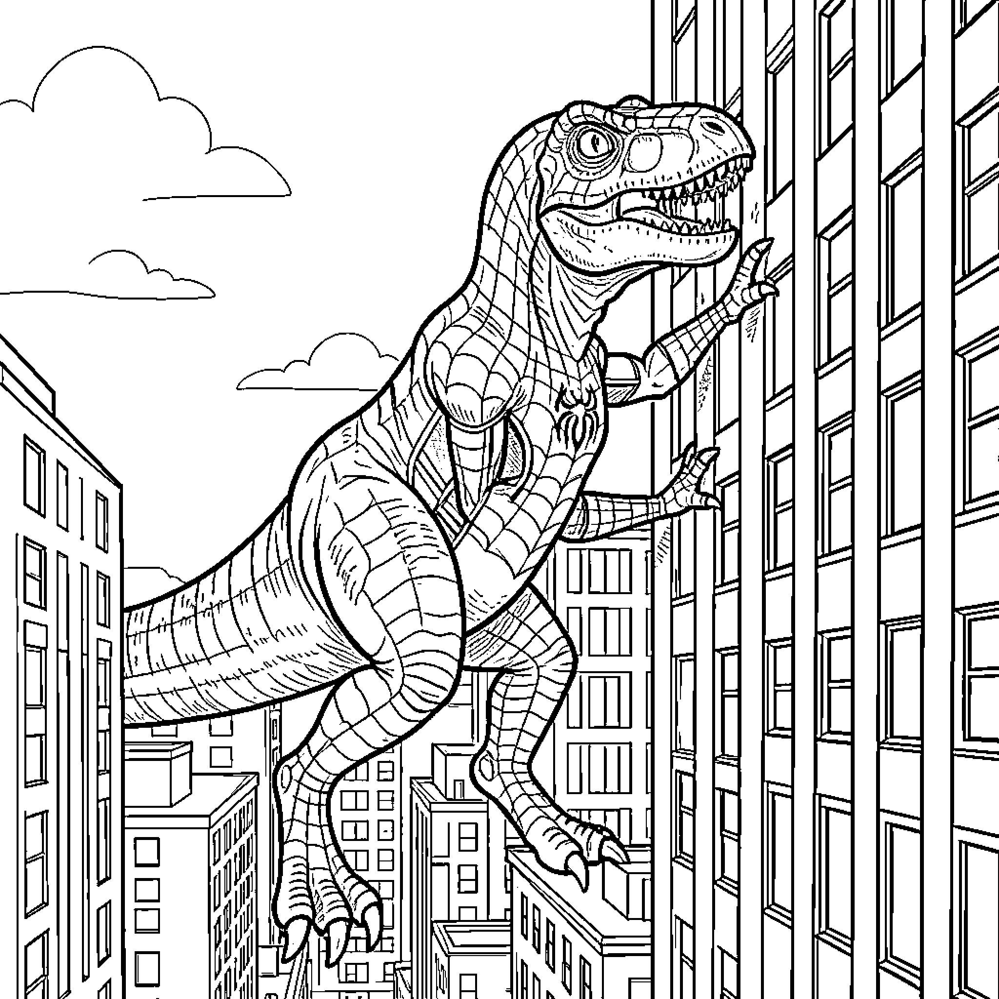 Dinosaur wearing superhero suit climbing a tall building Coloring Page (free black-and-white line drawing printable PDF for all, from beginners to advanced learners, including children, teens, adults, and seniors)