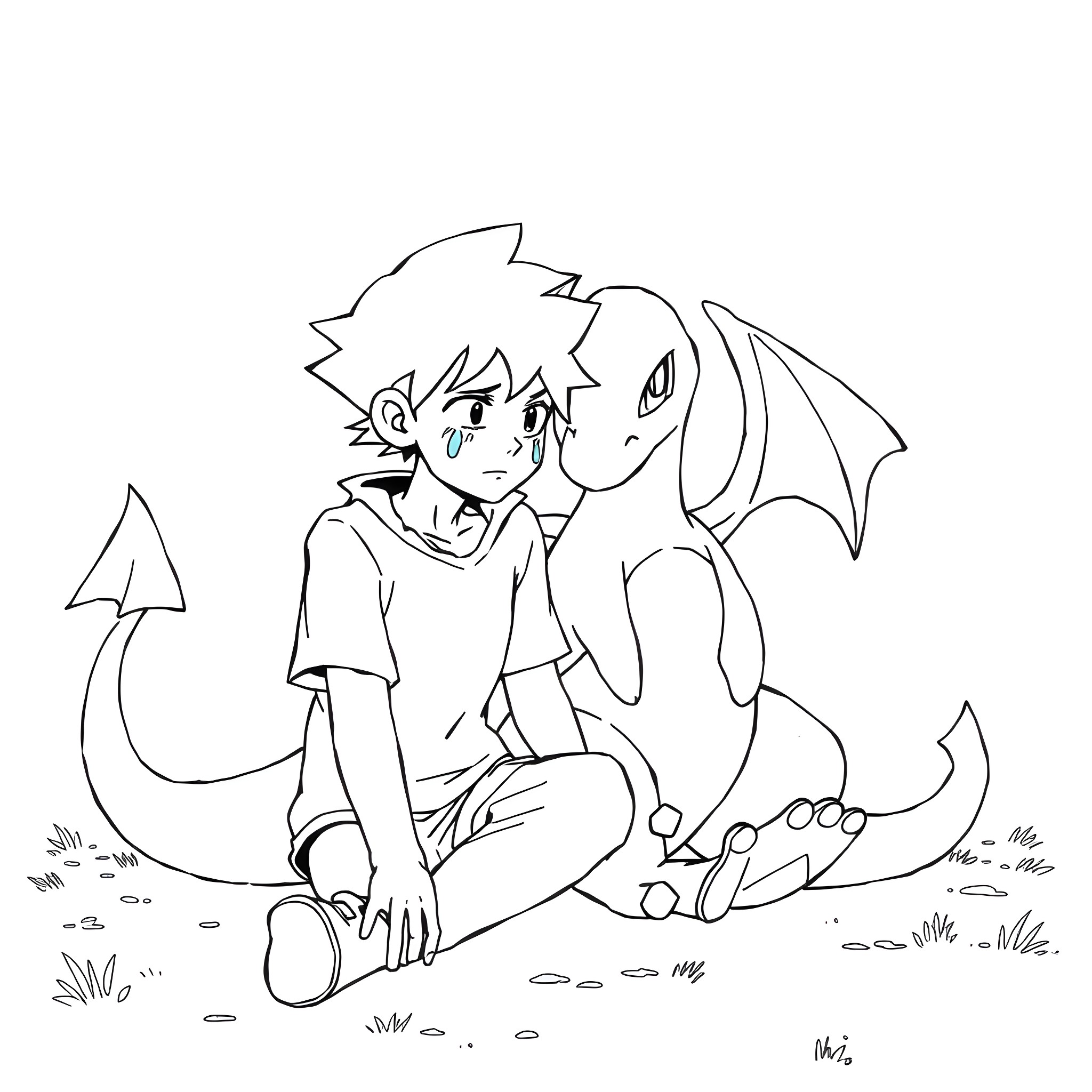 Ash and his dragon companion in an adventure Coloring Page (free black-and-white line drawing printable PDF for all, from beginners to advanced learners, including children, teens, adults, and seniors)