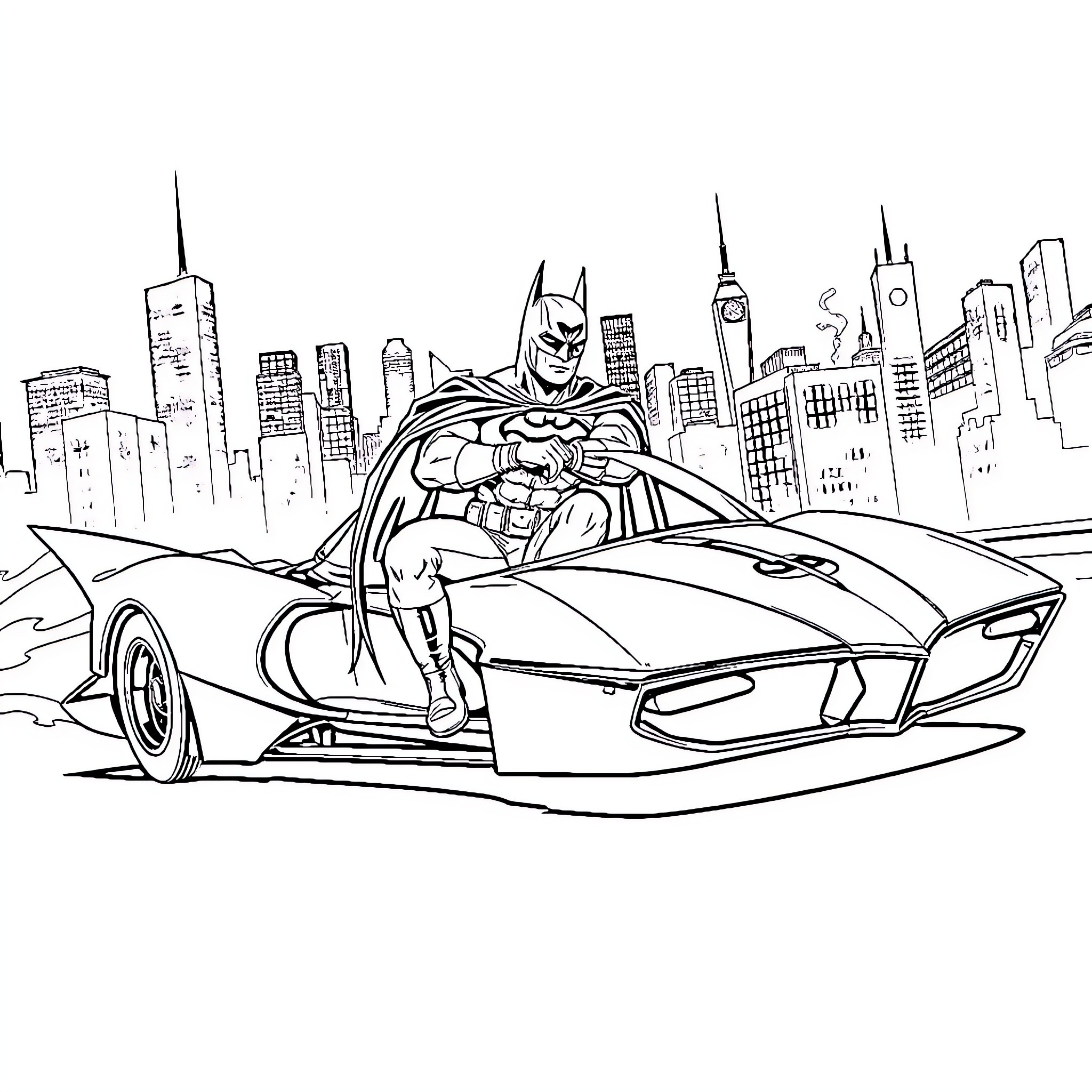 Batman races through the city in his Batmobile Coloring Page (free black-and-white line drawing printable PDF for all, from beginners to advanced learners, including children, teens, adults, and seniors)