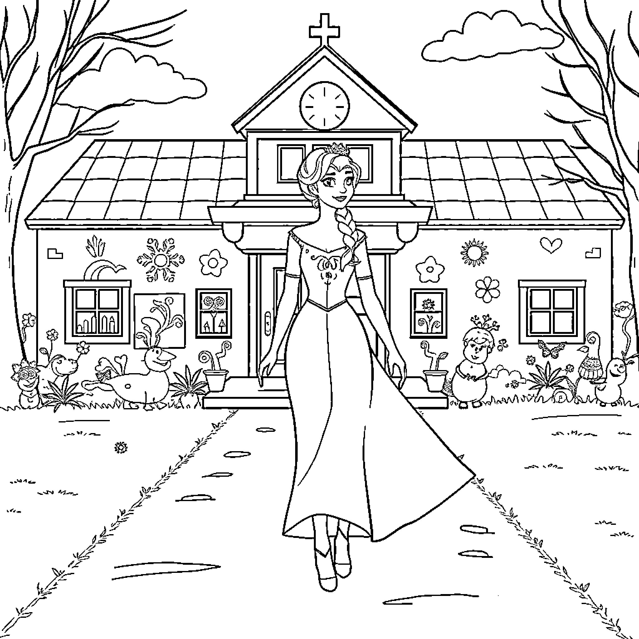 Elsa's Walk to the Charming Schoolhouse Coloring Page (free black-and-white line drawing printable PDF for all, from beginners to advanced learners, including children, teens, adults, and seniors)