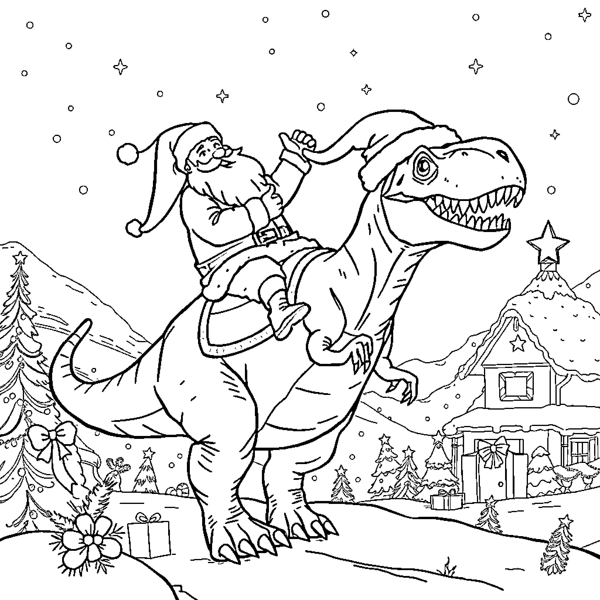 Santa Claus riding a dinosaur through a winter wonderland Coloring Page (free black-and-white line drawing printable PDF for all, from beginners to advanced learners, including children, teens, adults, and seniors)