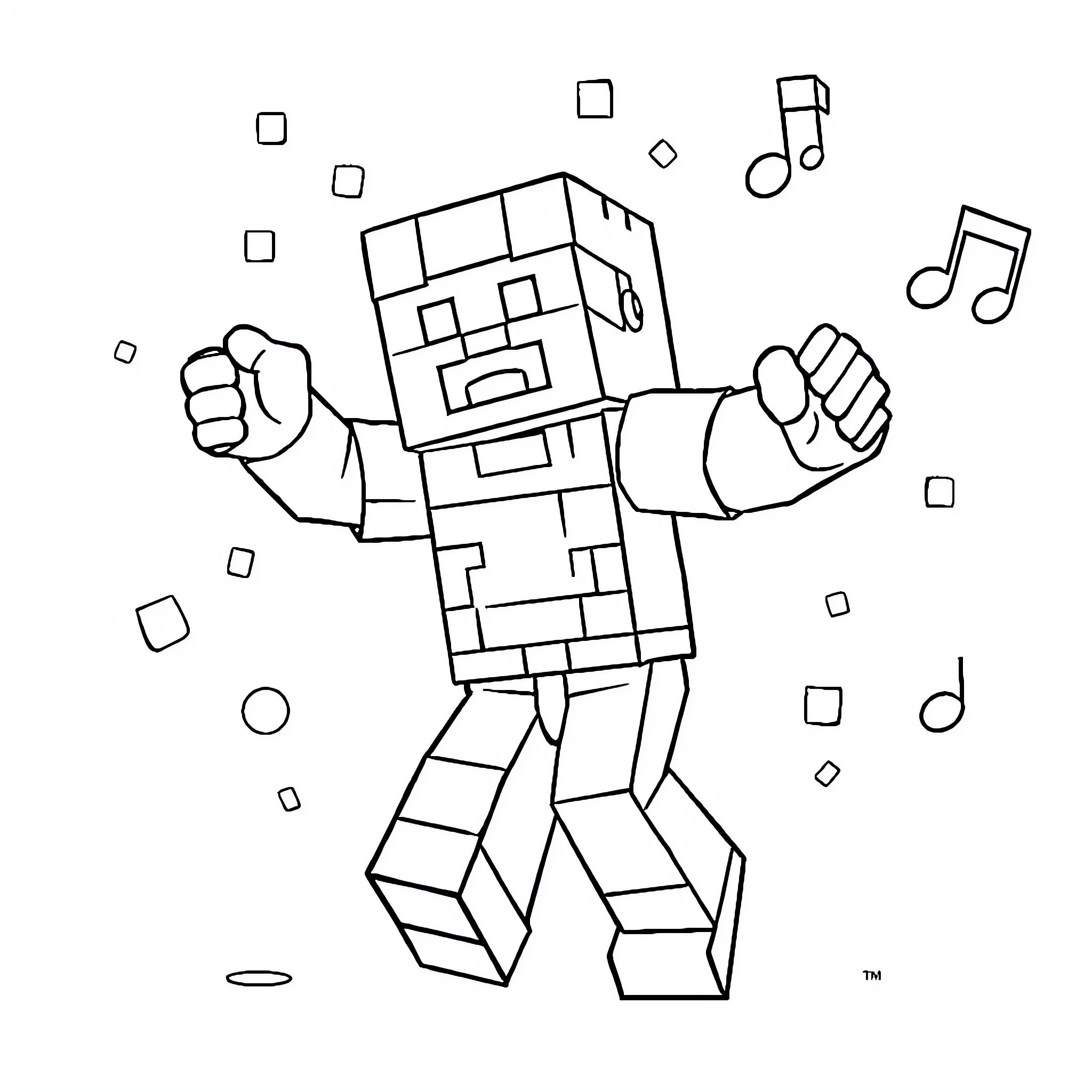 Minecraft Character Dancing with Musical Notes Coloring Page (free black-and-white line drawing printable PDF for all, from beginners to advanced learners, including children, teens, adults, and seniors)