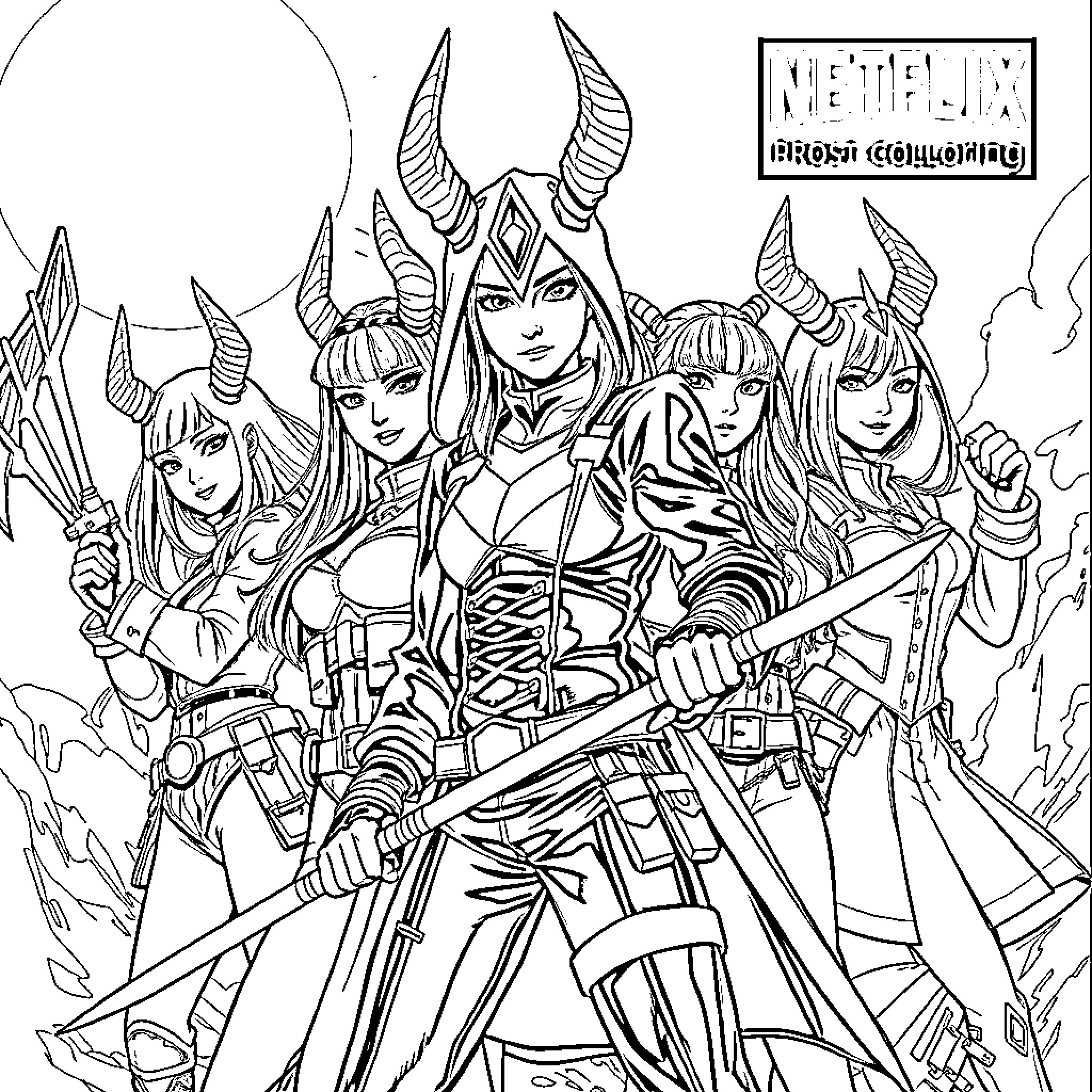 Huntrix - Fierce Females in Battle Formation Coloring Page (free black-and-white line drawing printable PDF for all, from beginners to advanced learners, including children, teens, adults, and seniors)
