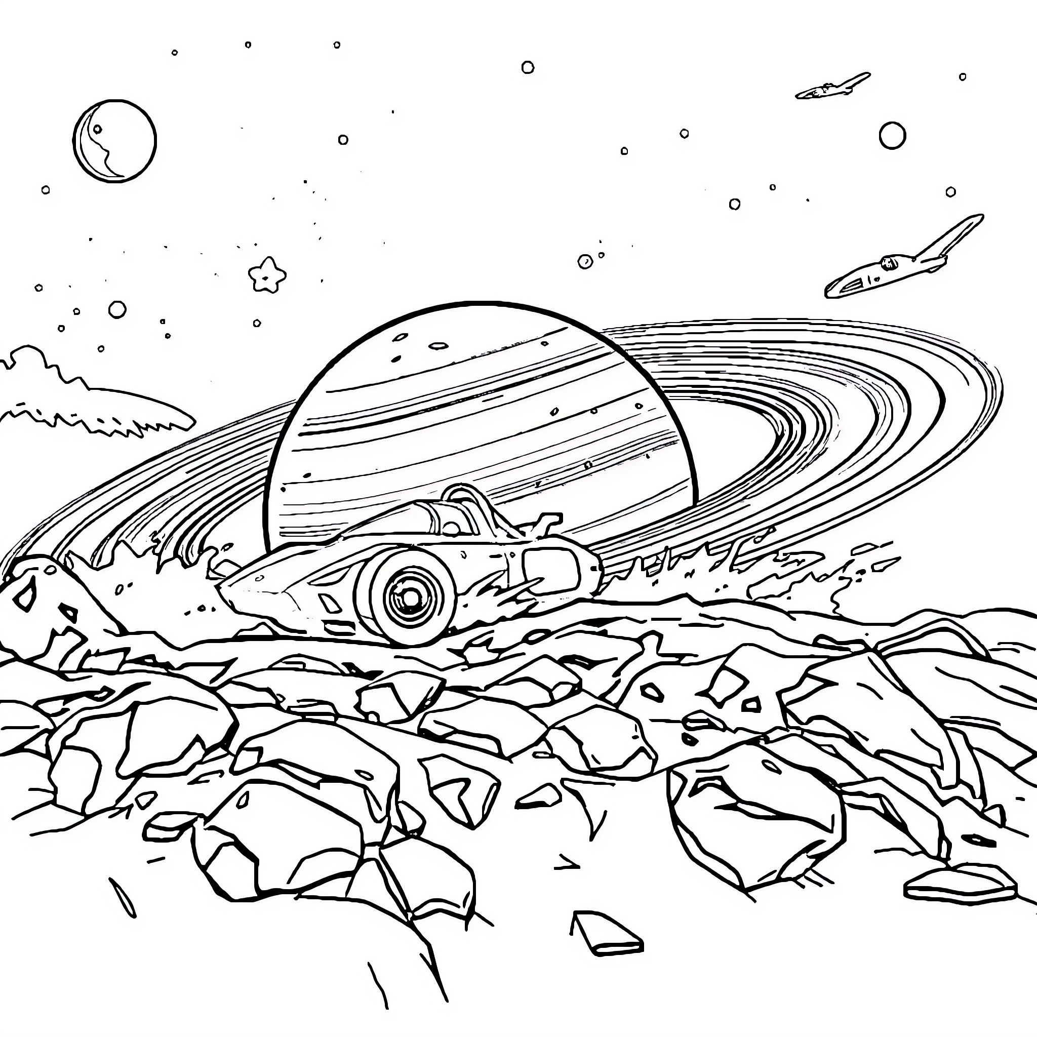 Race Car speeding through futuristic alien landscape Coloring Page (free black-and-white line drawing printable PDF for all, from beginners to advanced learners, including children, teens, adults, and seniors)