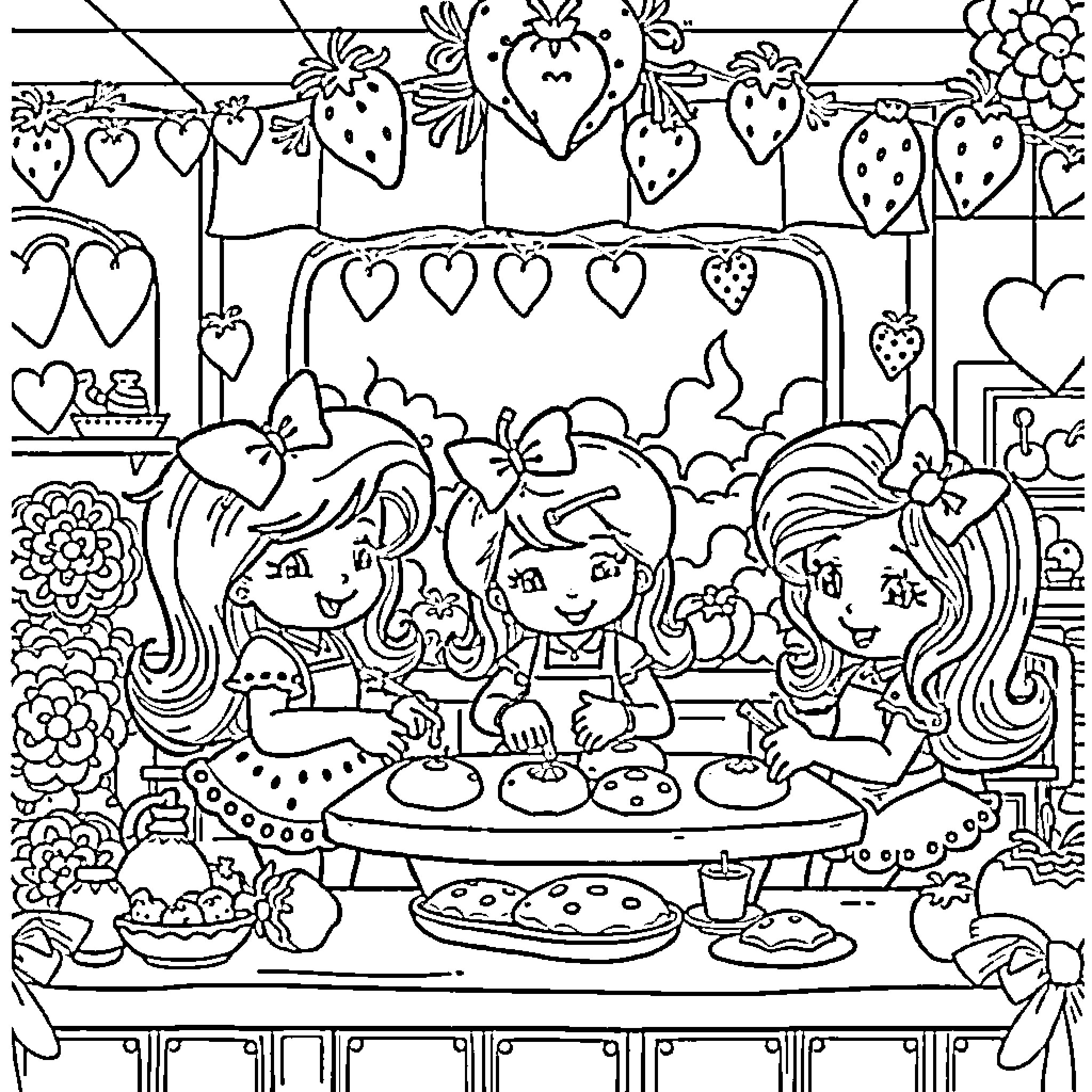 Strawberry Shortcake characters having a fun tea party Coloring Page (free black-and-white line drawing printable PDF for all, from beginners to advanced learners, including children, teens, adults, and seniors)