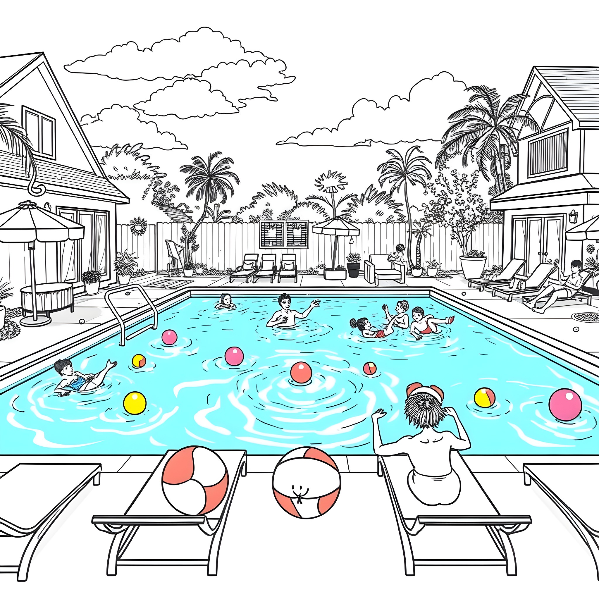 Pool party with people enjoying fun in the sun Coloring Page (free black-and-white line drawing printable PDF for all, from beginners to advanced learners, including children, teens, adults, and seniors)