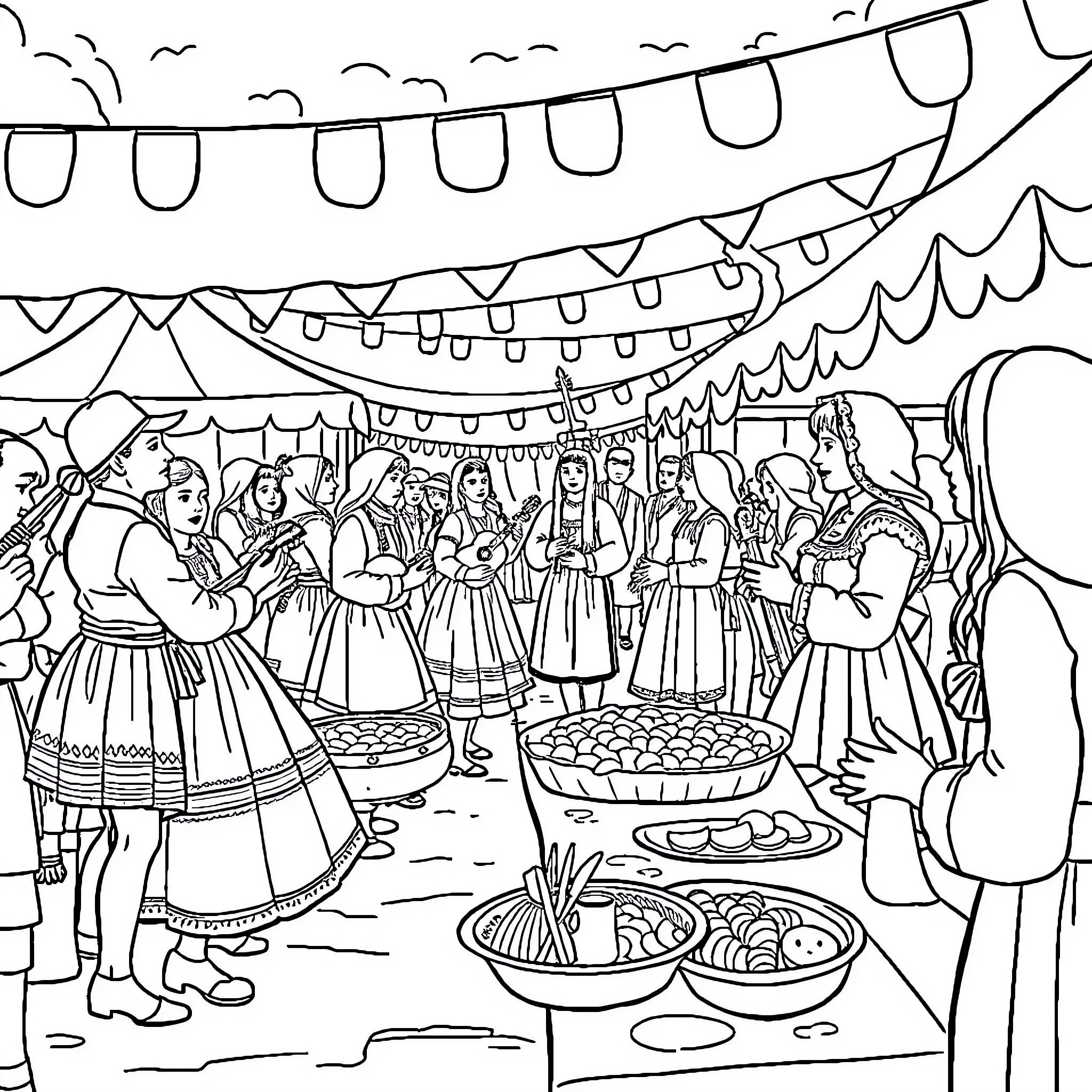 Festival of Traditional Celebrations and Gatherings Coloring Page (free black-and-white line drawing printable PDF for all, from beginners to advanced learners, including children, teens, adults, and seniors)