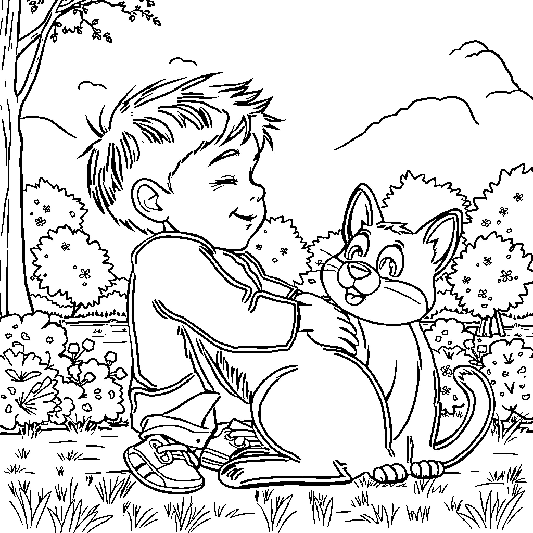 Child playing happily with a pet in the woods Coloring Page (free black-and-white line drawing printable PDF for all, from beginners to advanced learners, including children, teens, adults, and seniors)