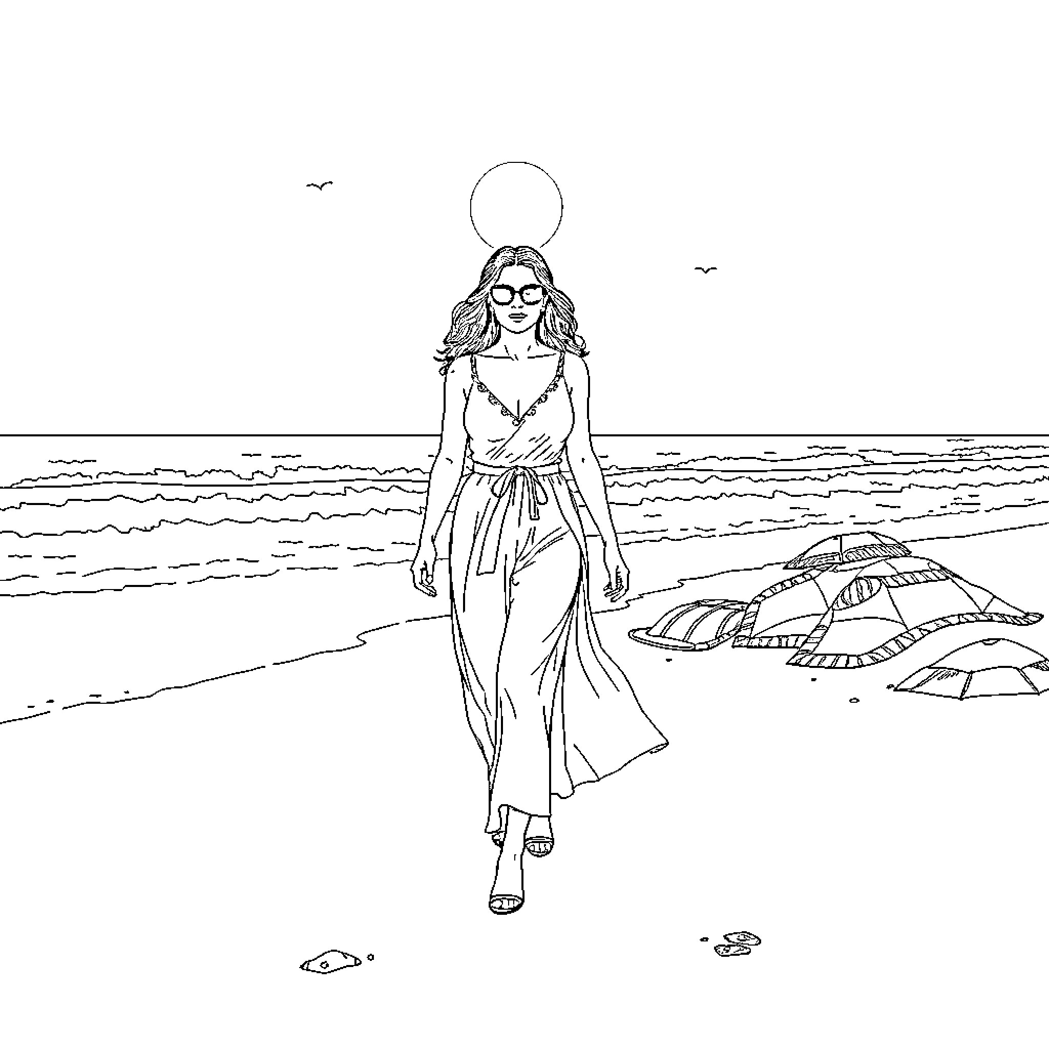 Salma Hayek strolling on the beach in summer attire Coloring Page (free black-and-white line drawing printable PDF for all, from beginners to advanced learners, including children, teens, adults, and seniors)