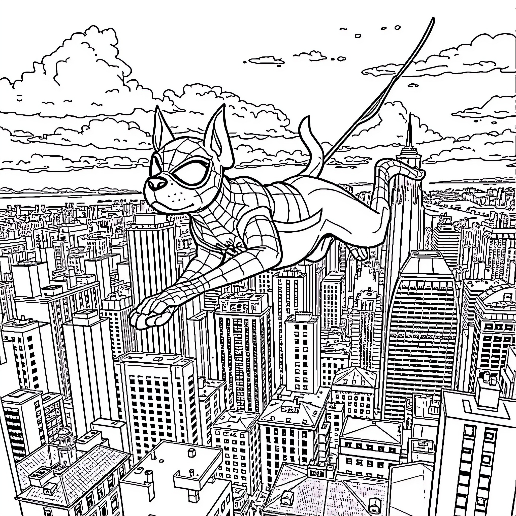 Spiderman Dog swinging through the cityscape Coloring Page (free black-and-white line drawing printable PDF for all, from beginners to advanced learners, including children, teens, adults, and seniors)