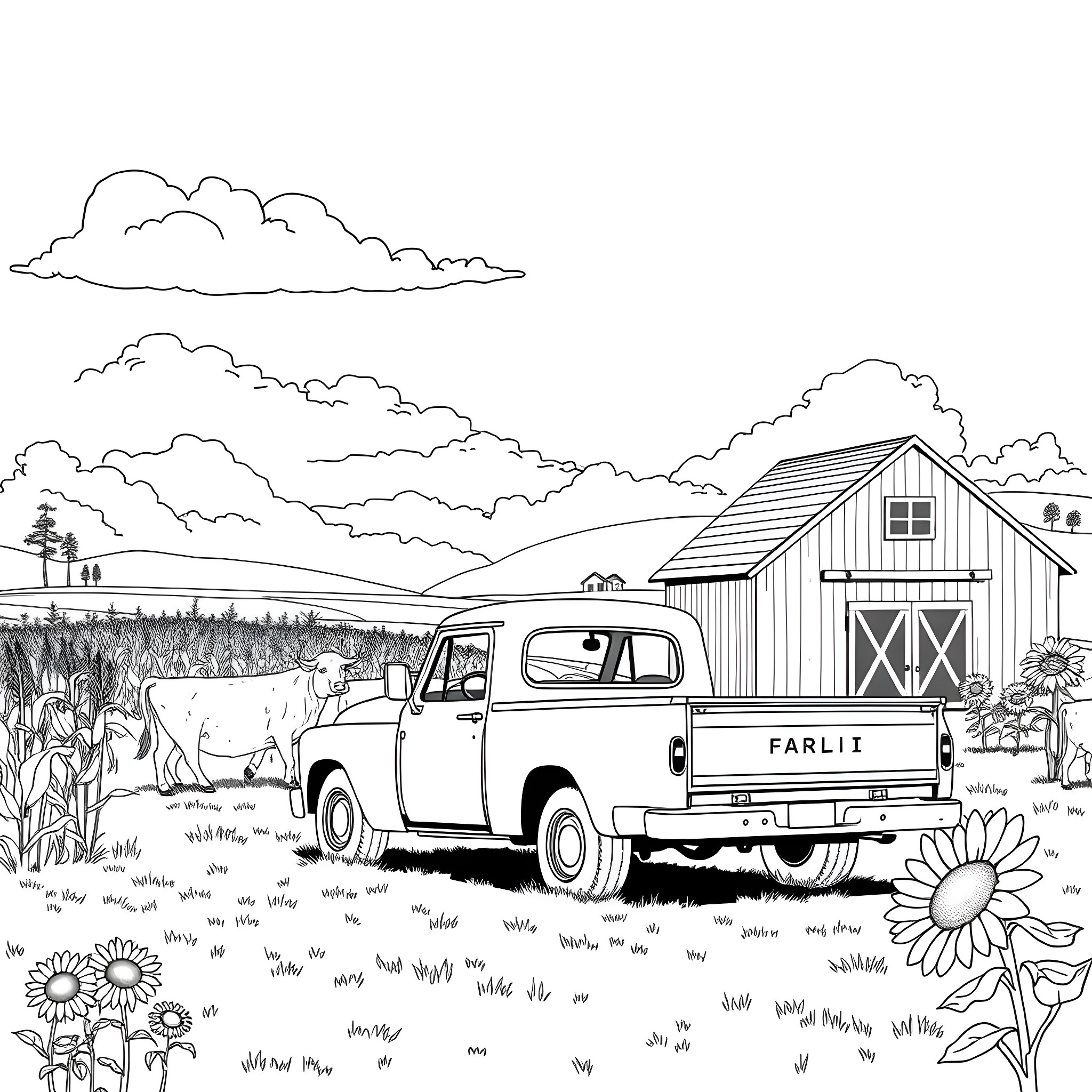 Pickup truck in a pastoral rural scene Coloring Page (free black-and-white line drawing printable PDF for all, from beginners to advanced learners, including children, teens, adults, and seniors)