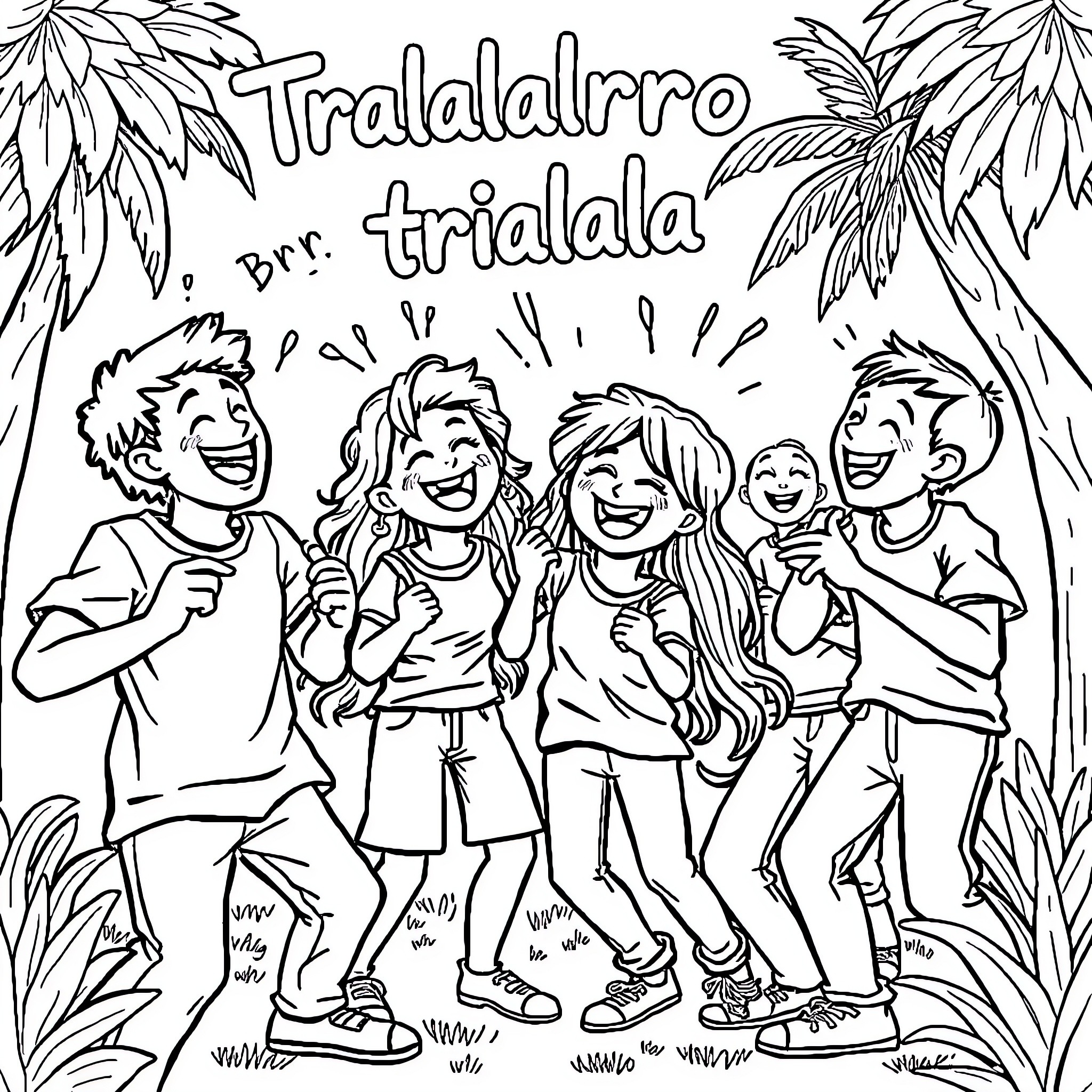 Tralalero friends enjoying a lively celebration Coloring Page (free black-and-white line drawing printable PDF for all, from beginners to advanced learners, including children, teens, adults, and seniors)
